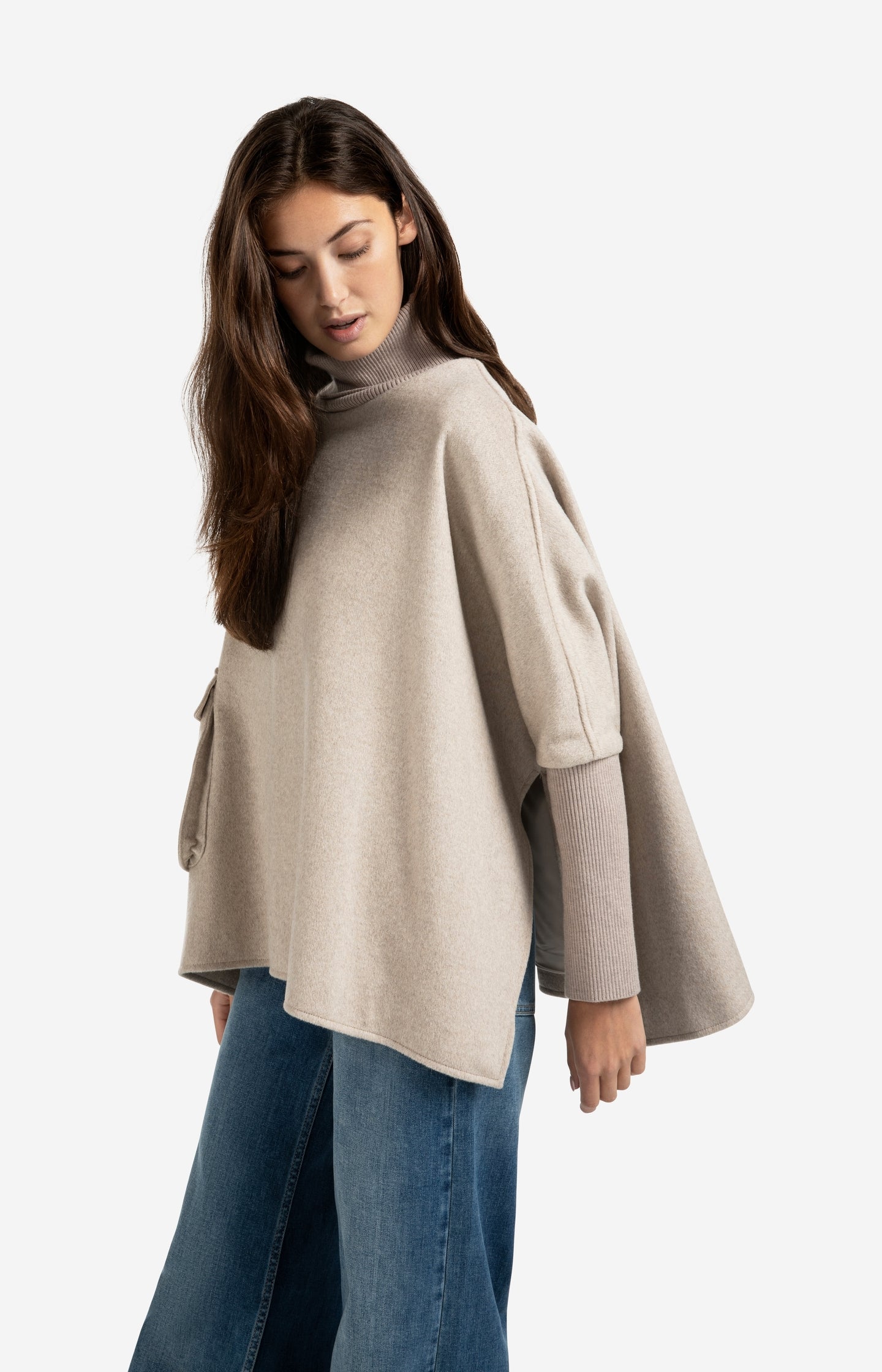 Wool blend poncho with turtleneck and flap pocket