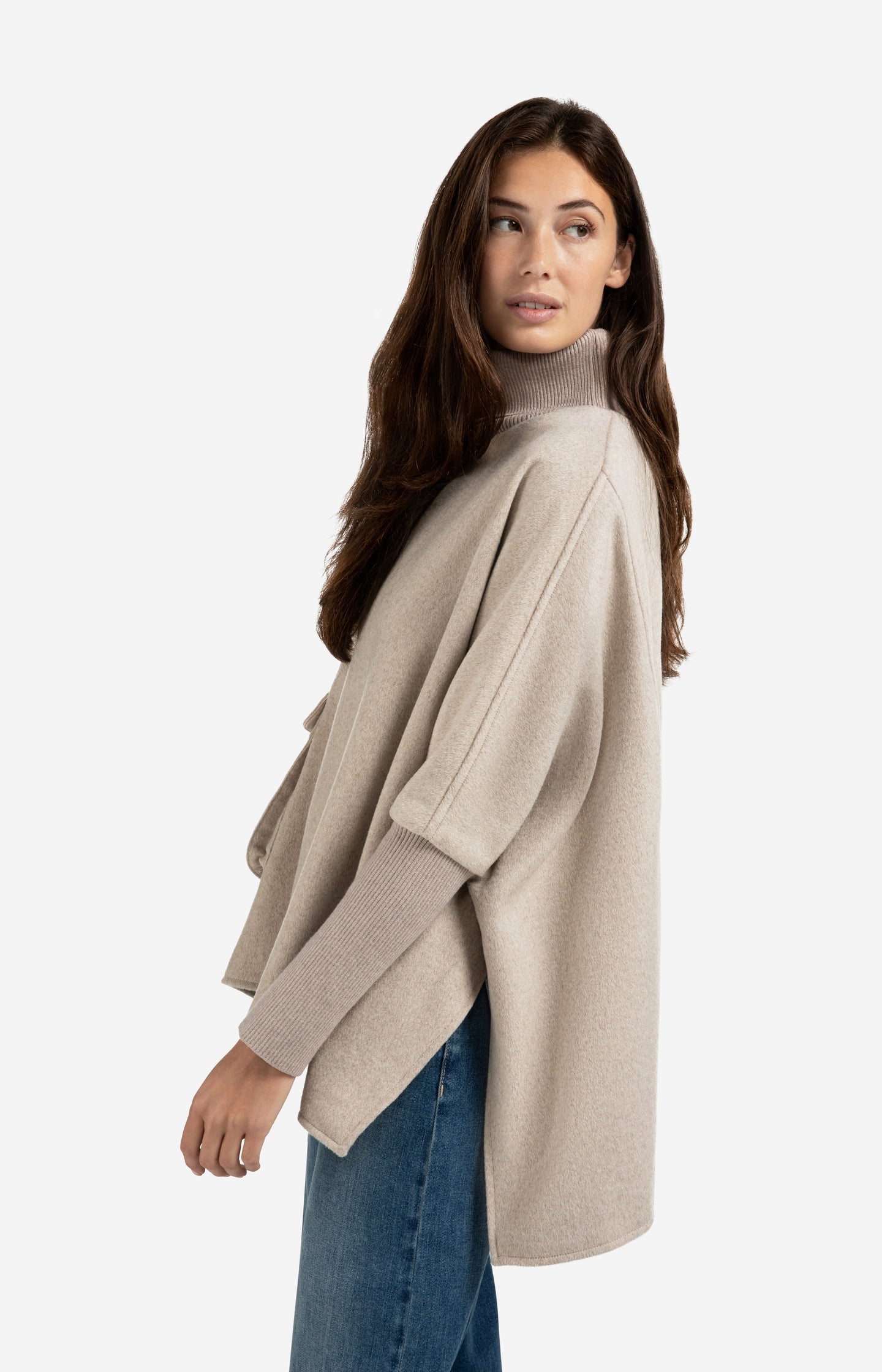 Wool blend poncho with turtleneck and flap pocket