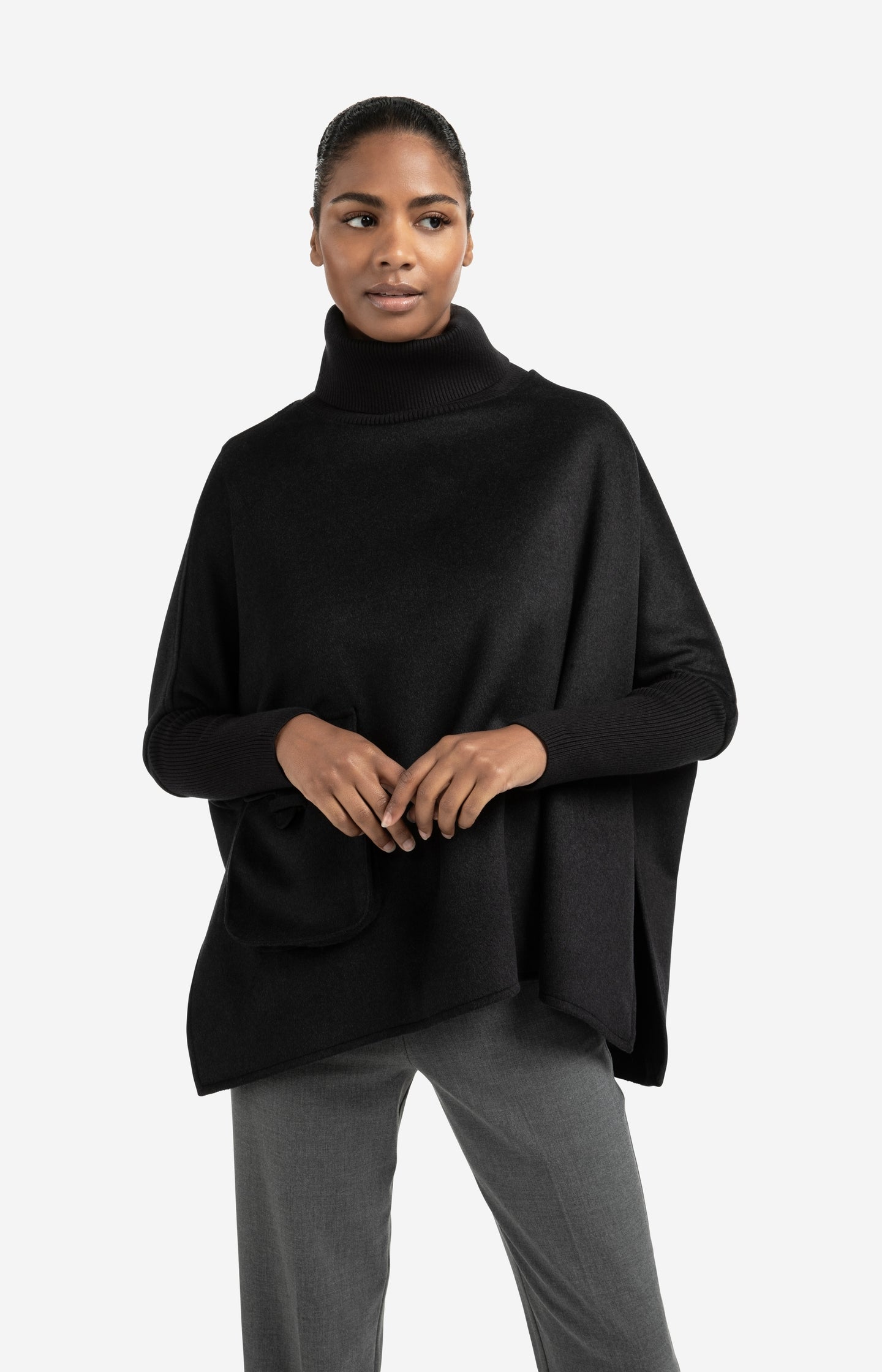 Wool blend poncho with turtleneck and flap pocket