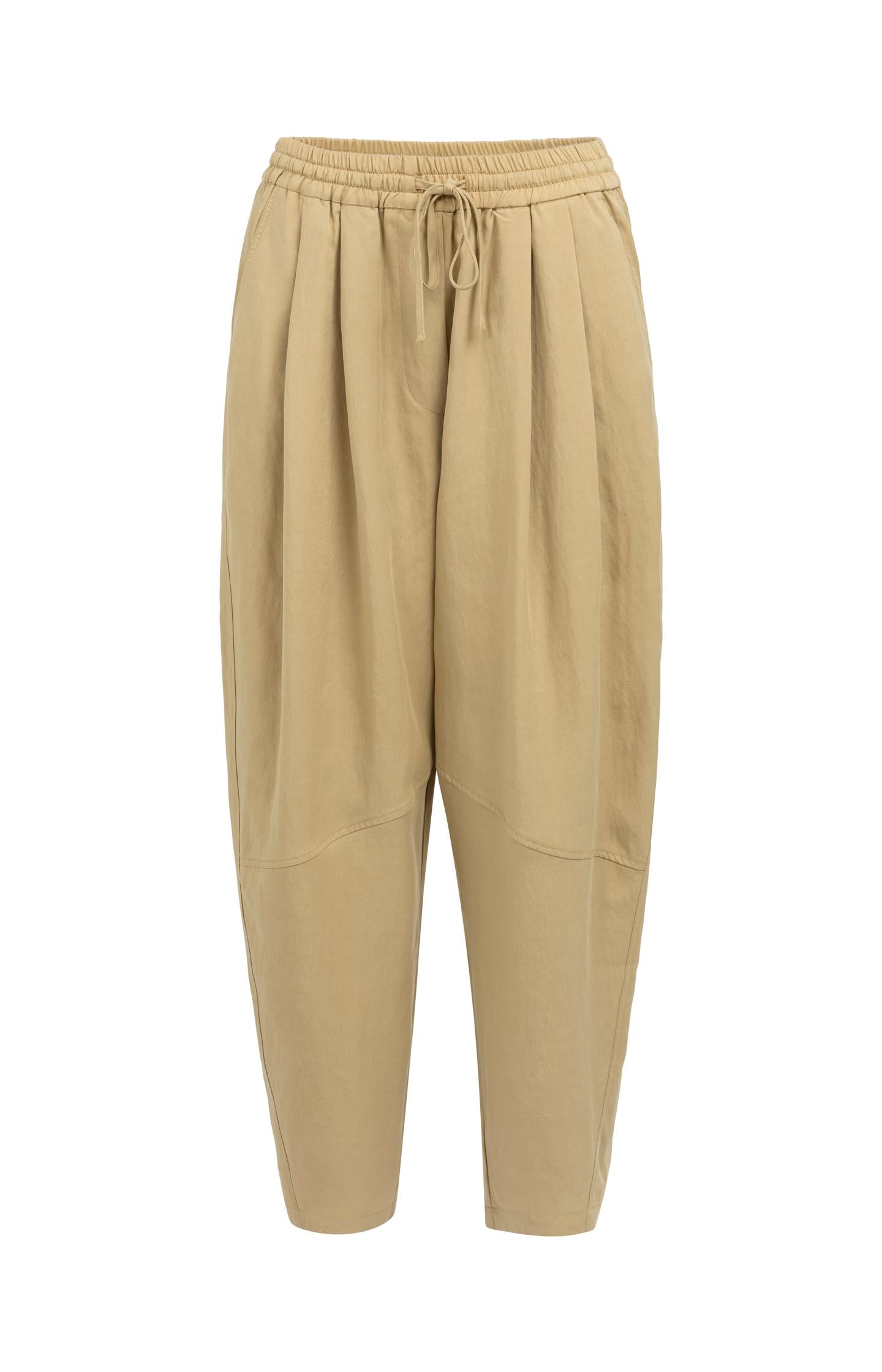 Woven barrel-leg trousers with elastic waist