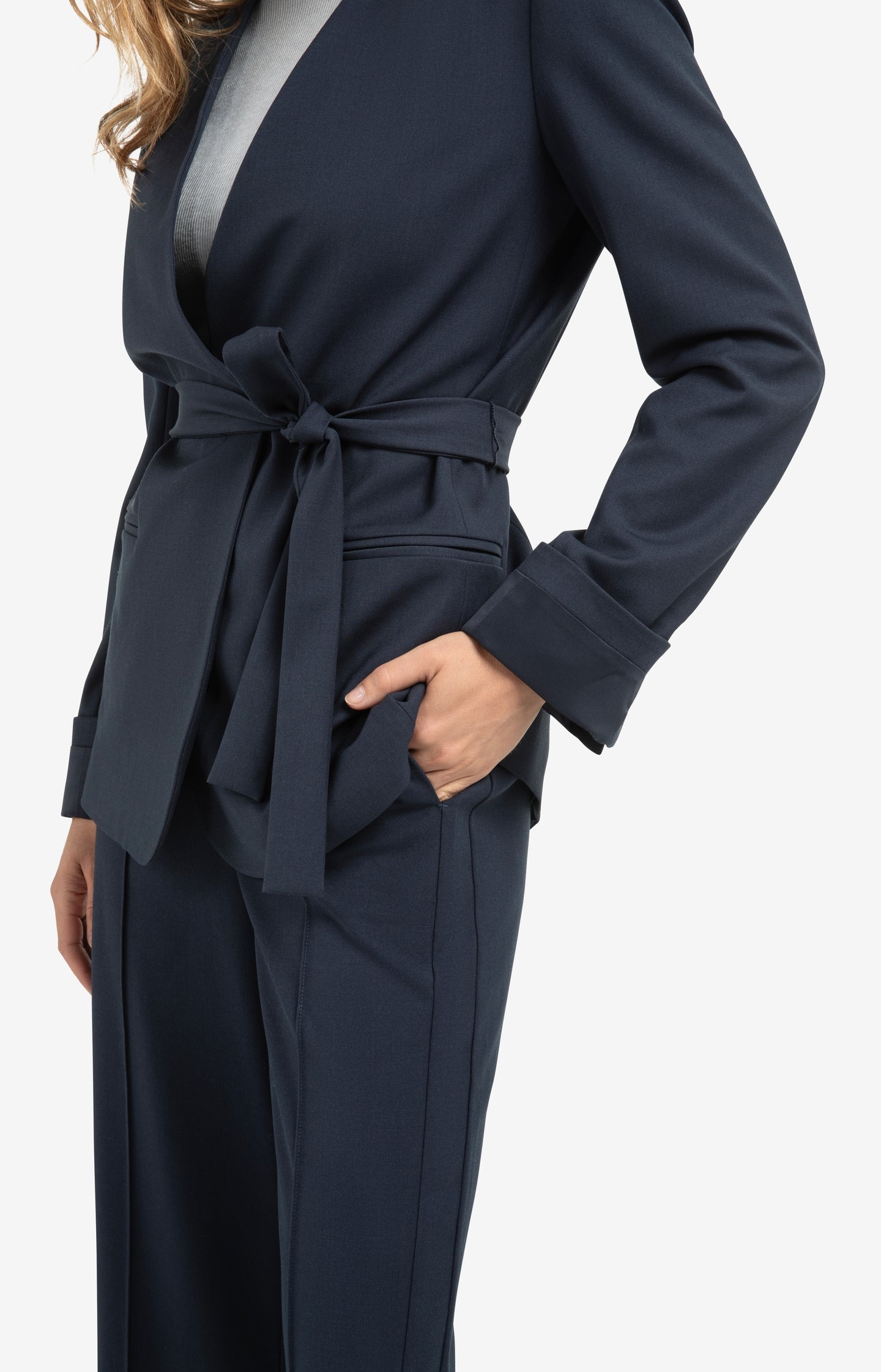 Woven blazer with belt and folded cuff detail