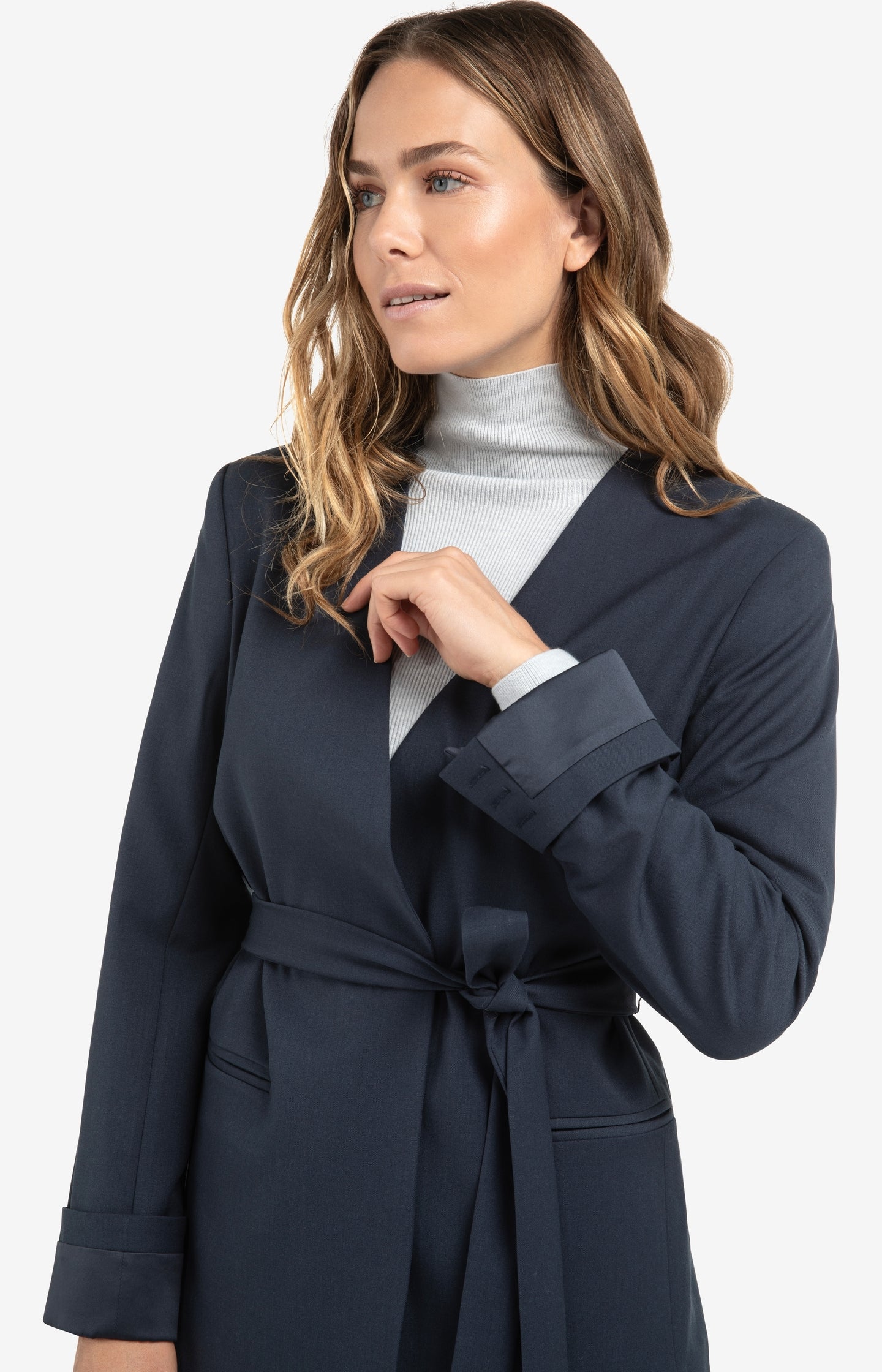 Woven blazer with belt and folded cuff detail