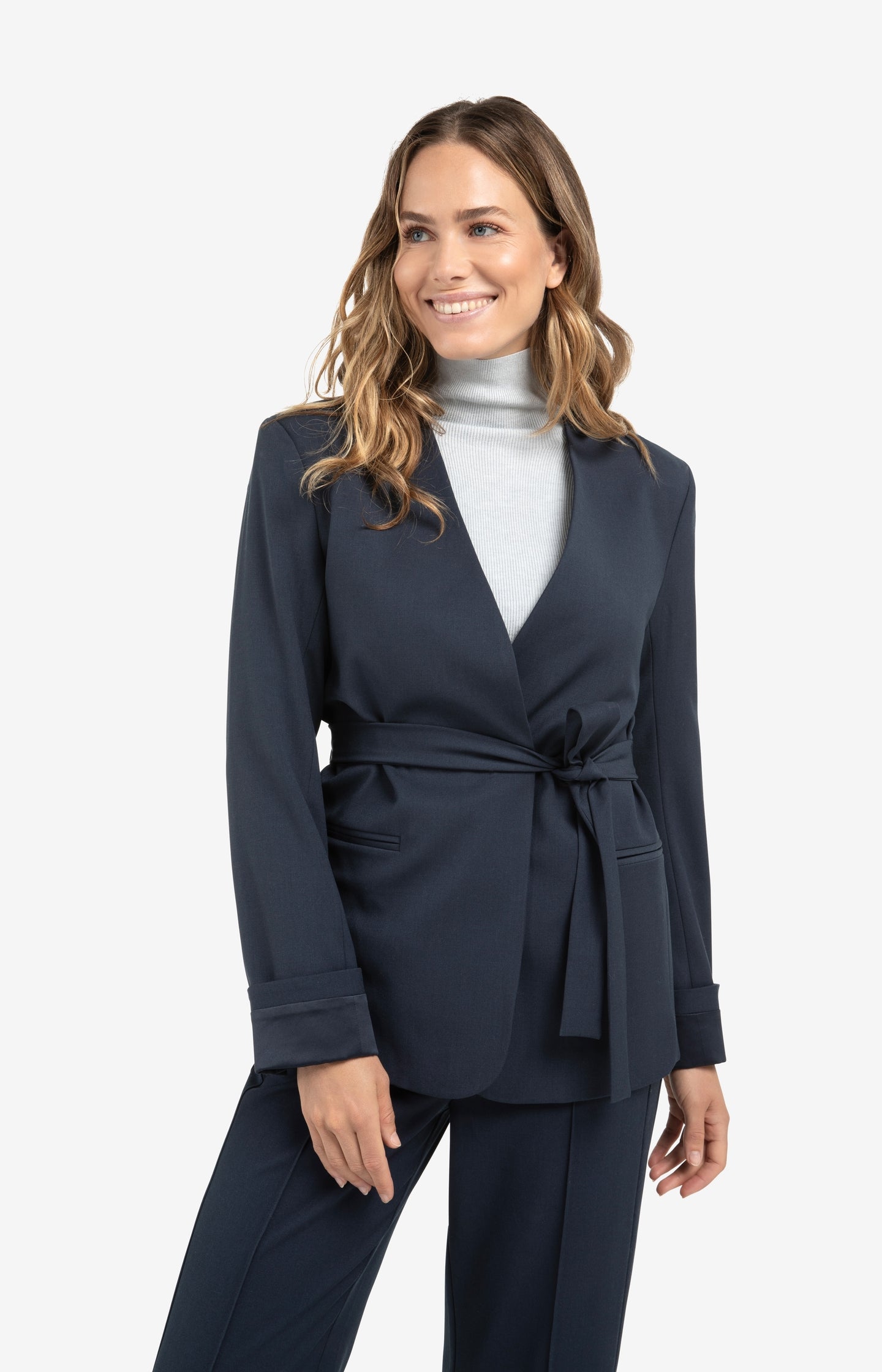 Woven blazer with belt and folded cuff detail