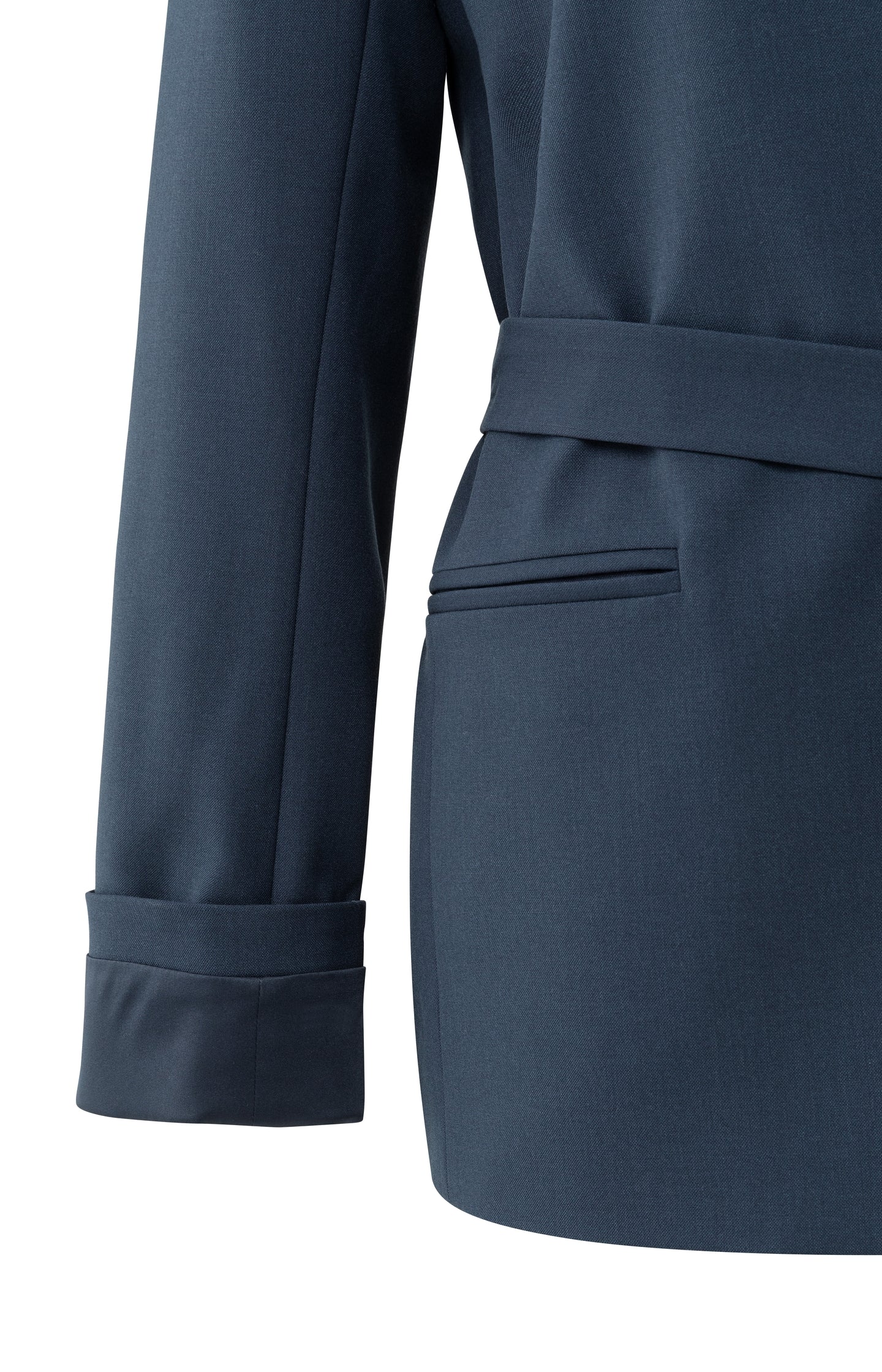 Woven blazer with belt and folded cuff detail