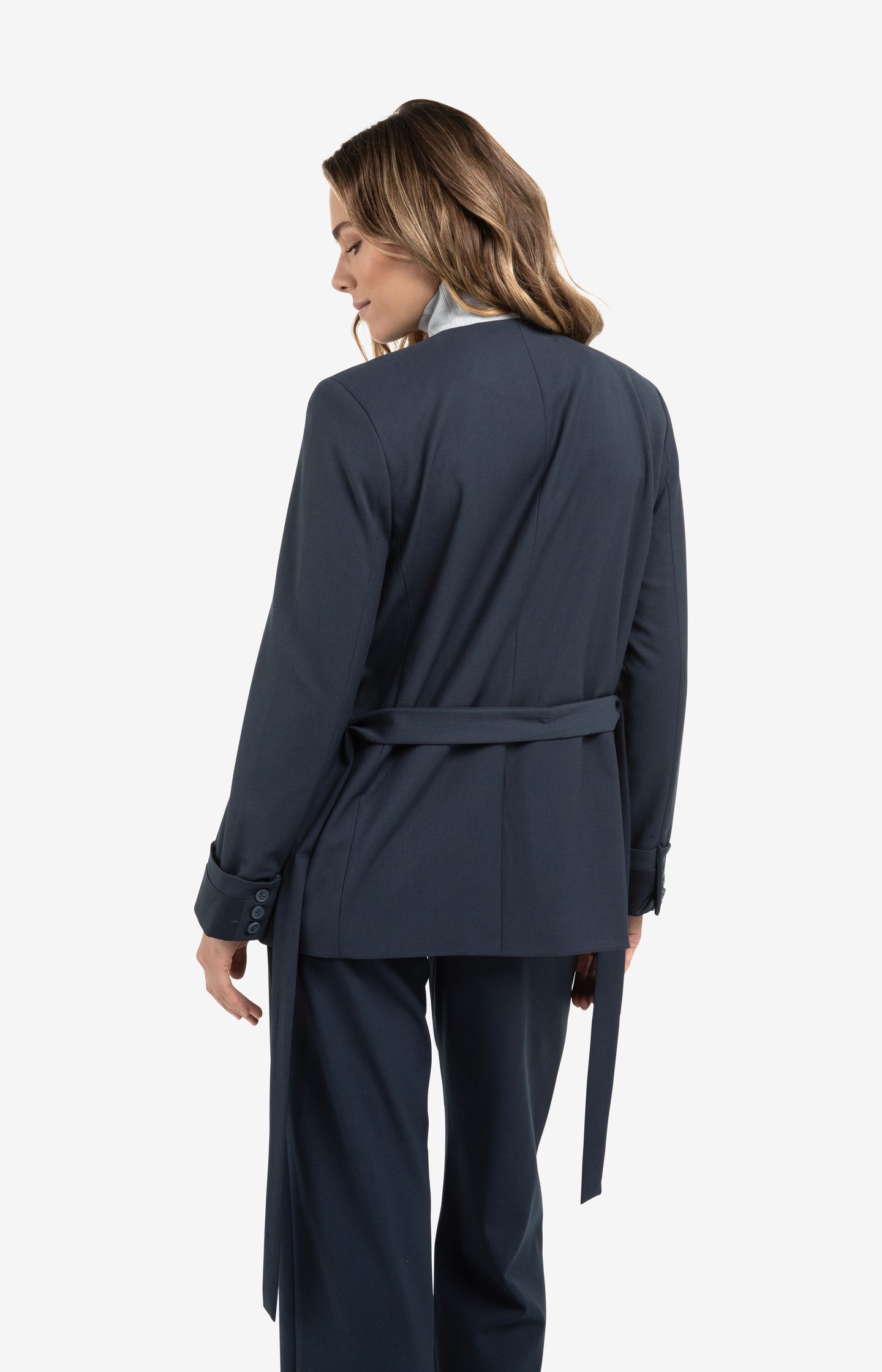 Woven blazer with belt and folded cuff detail