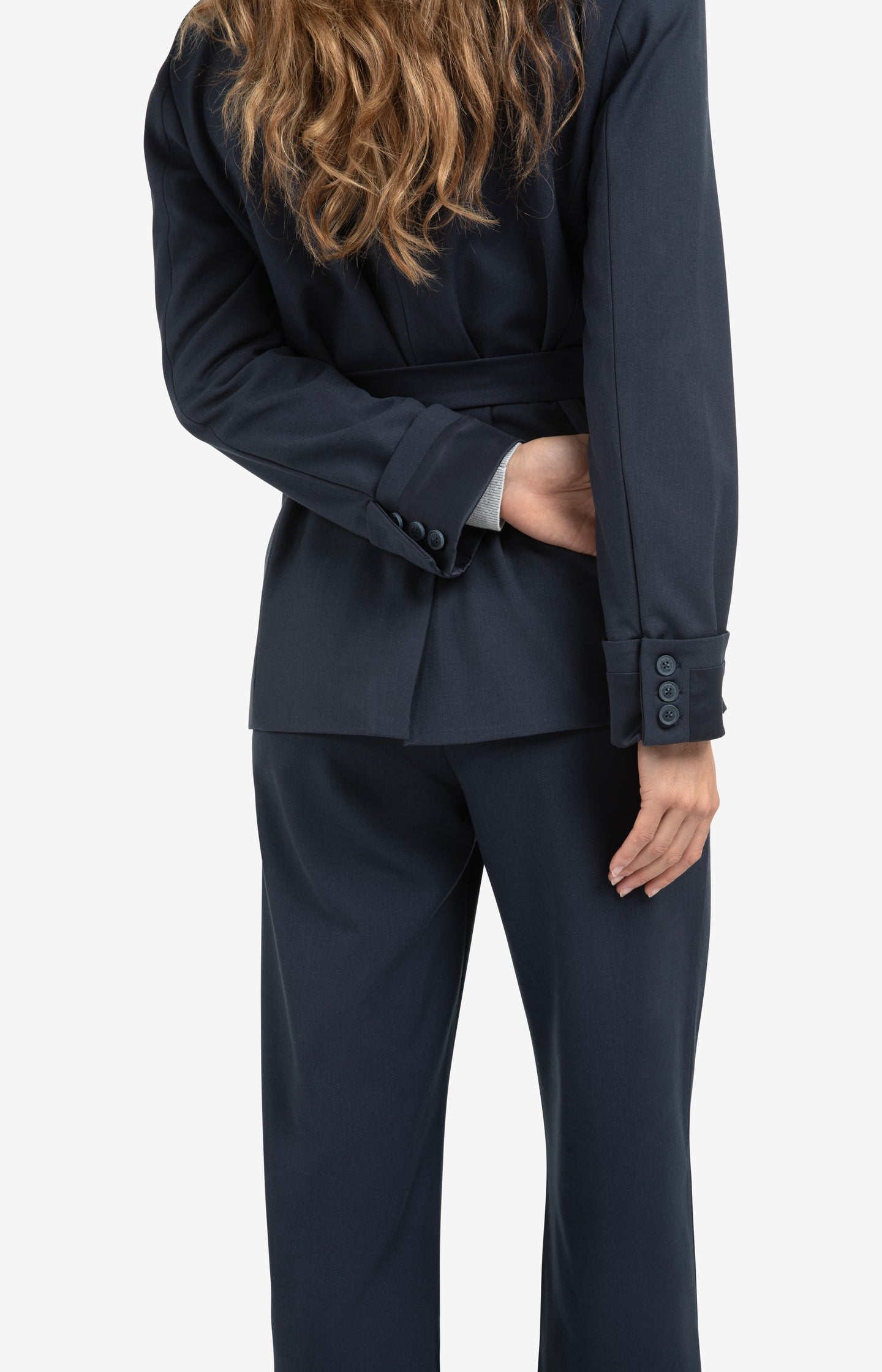Woven blazer with belt and folded cuff detail