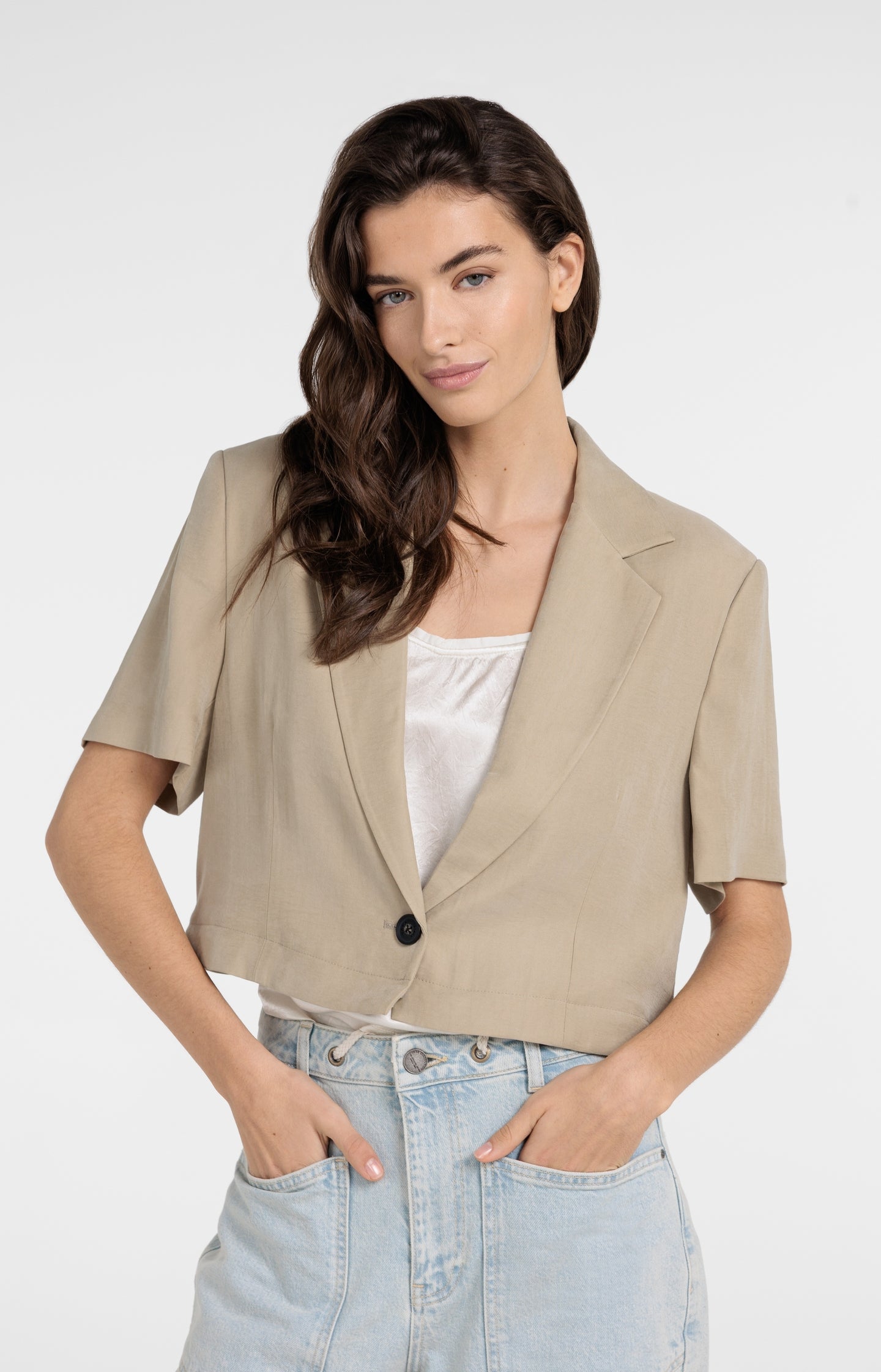 Woven blazer with short sleeves and detachable zip hem
