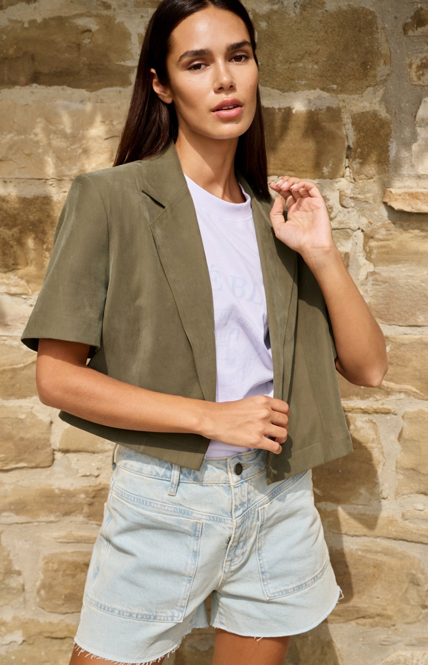Woven blazer with short sleeves and detachable zip hem