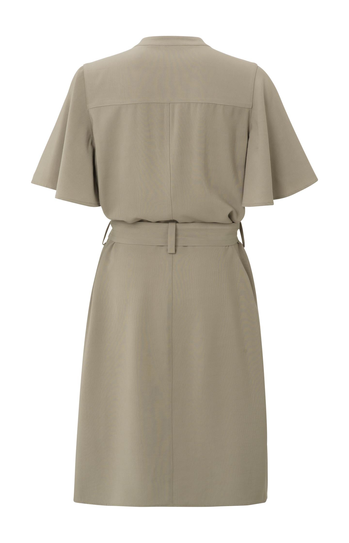 Woven cargo dress with V-neck, bell sleeves and waist belt