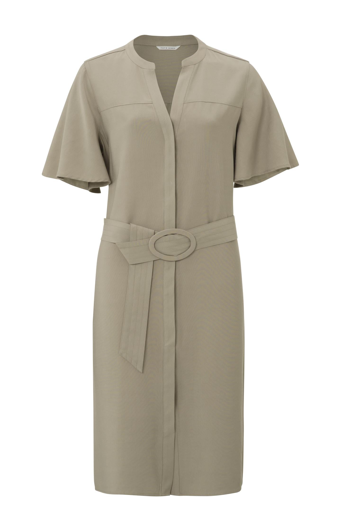 Woven cargo dress with V-neck, bell sleeves and waist belt - Type: product