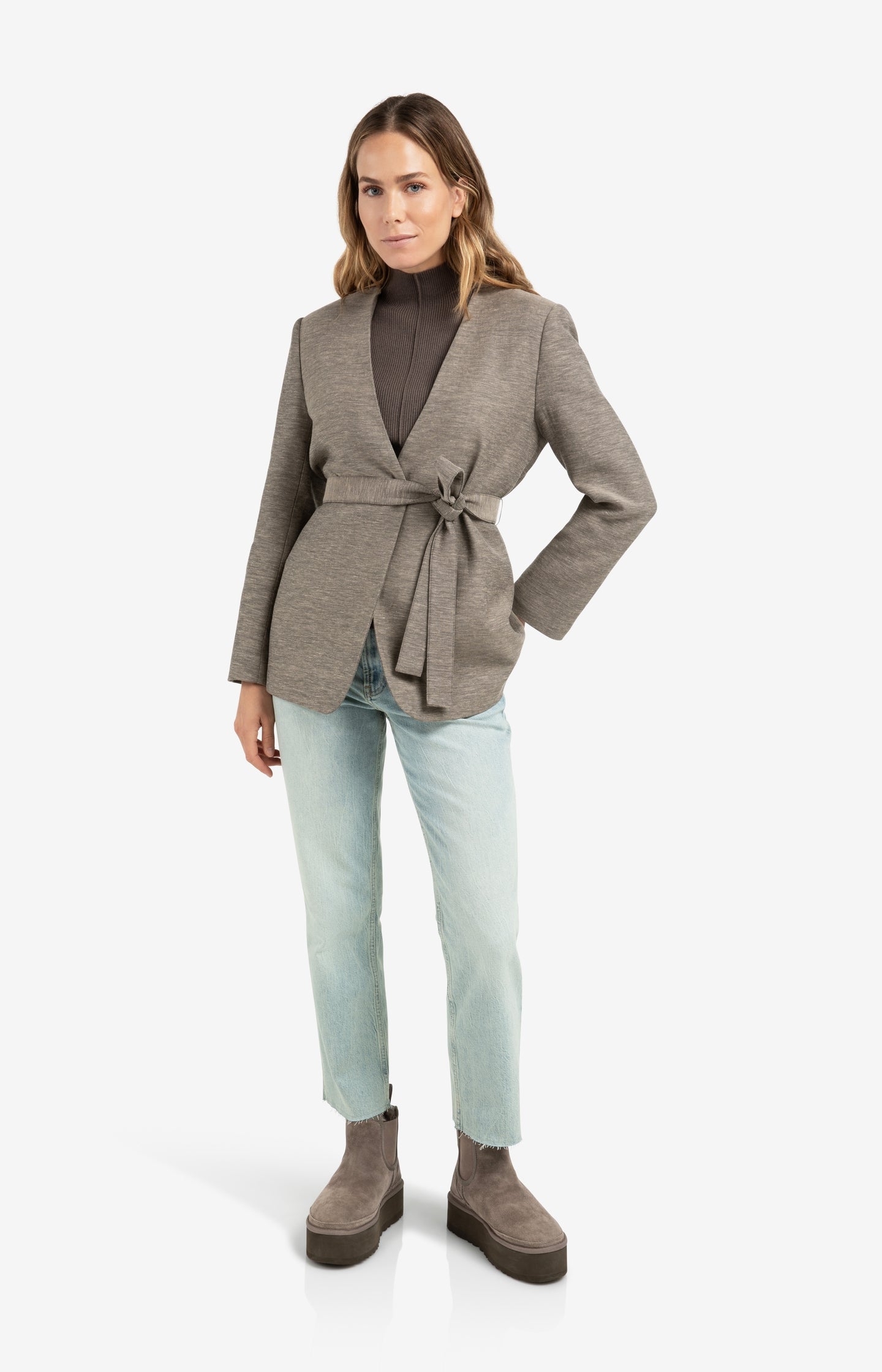 Woven collarless blazer with belt - Type: lookbook