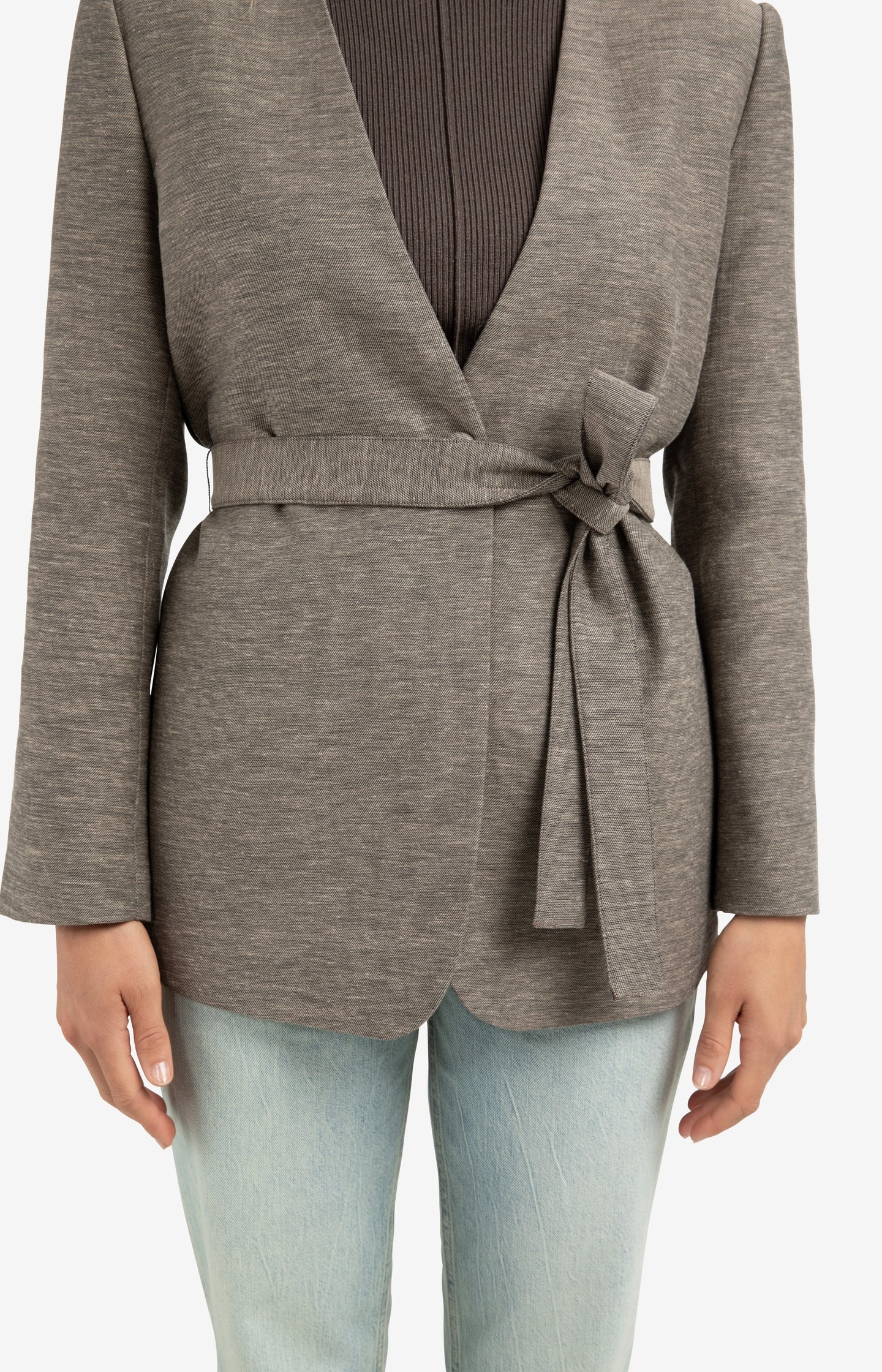 Woven collarless blazer with belt