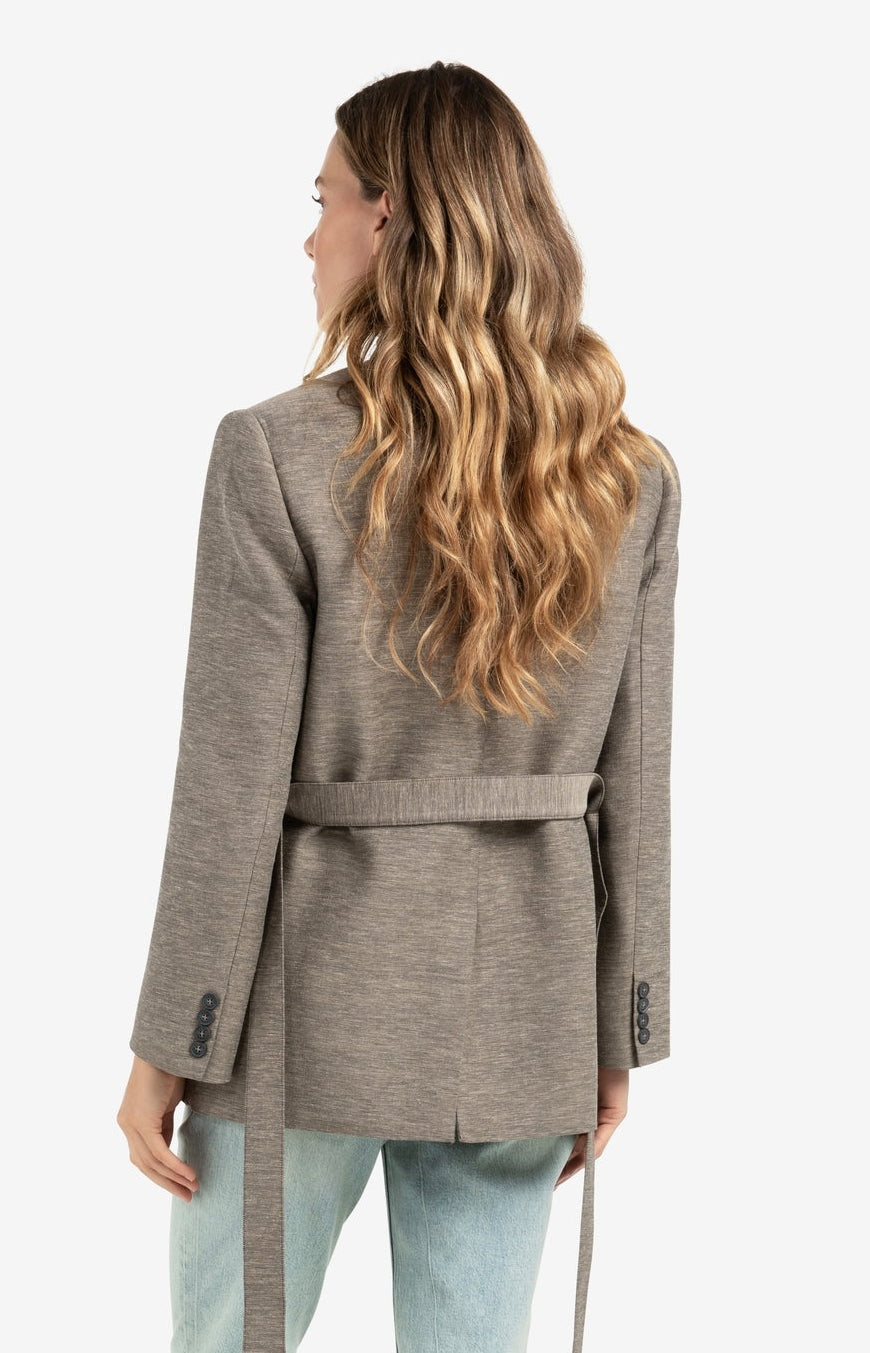 Woven collarless blazer with belt