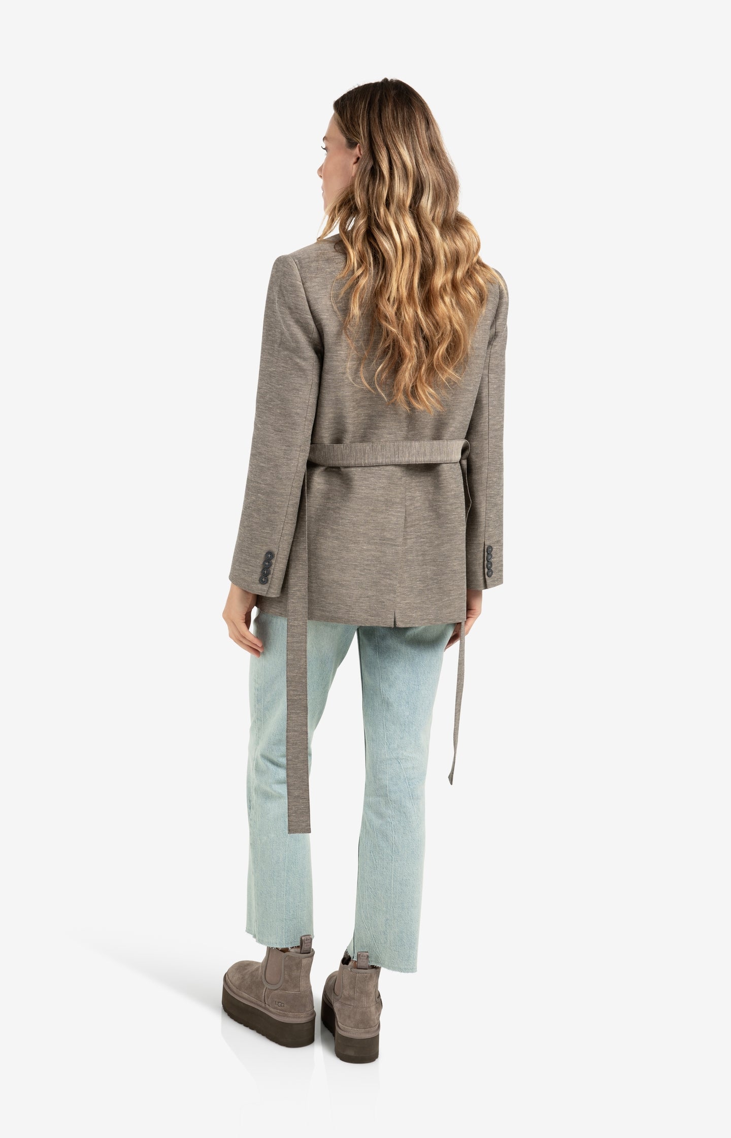 Woven collarless blazer with belt