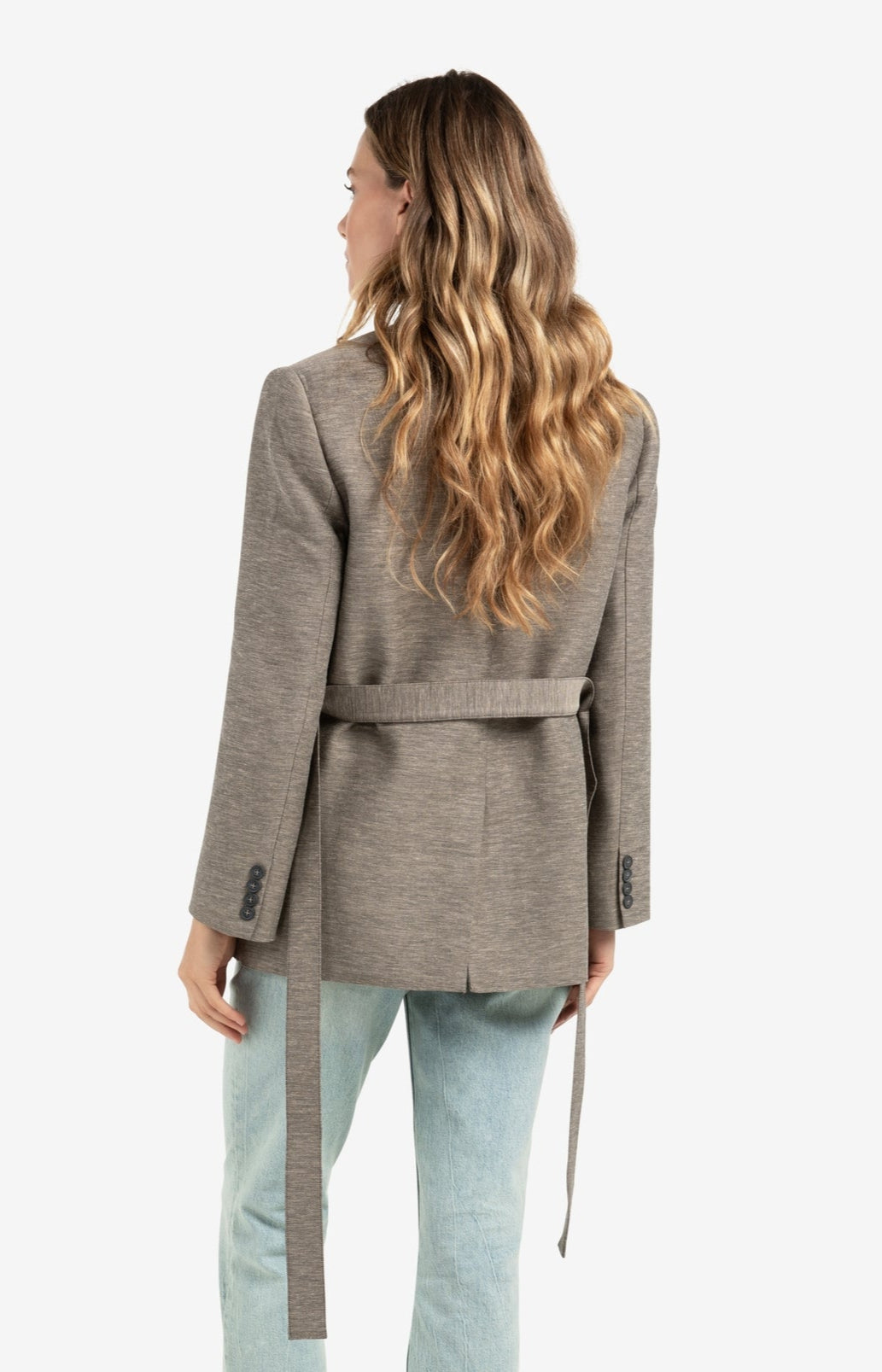 Woven collarless blazer with belt