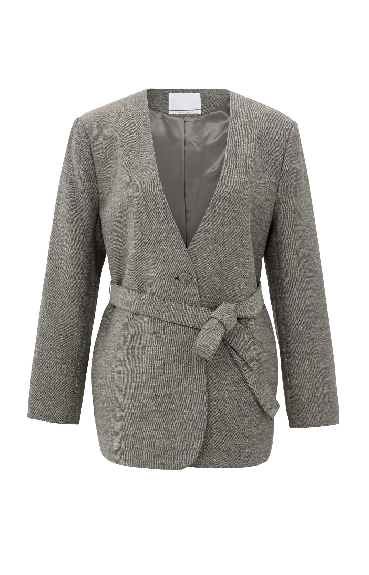 Woven collarless blazer with belt