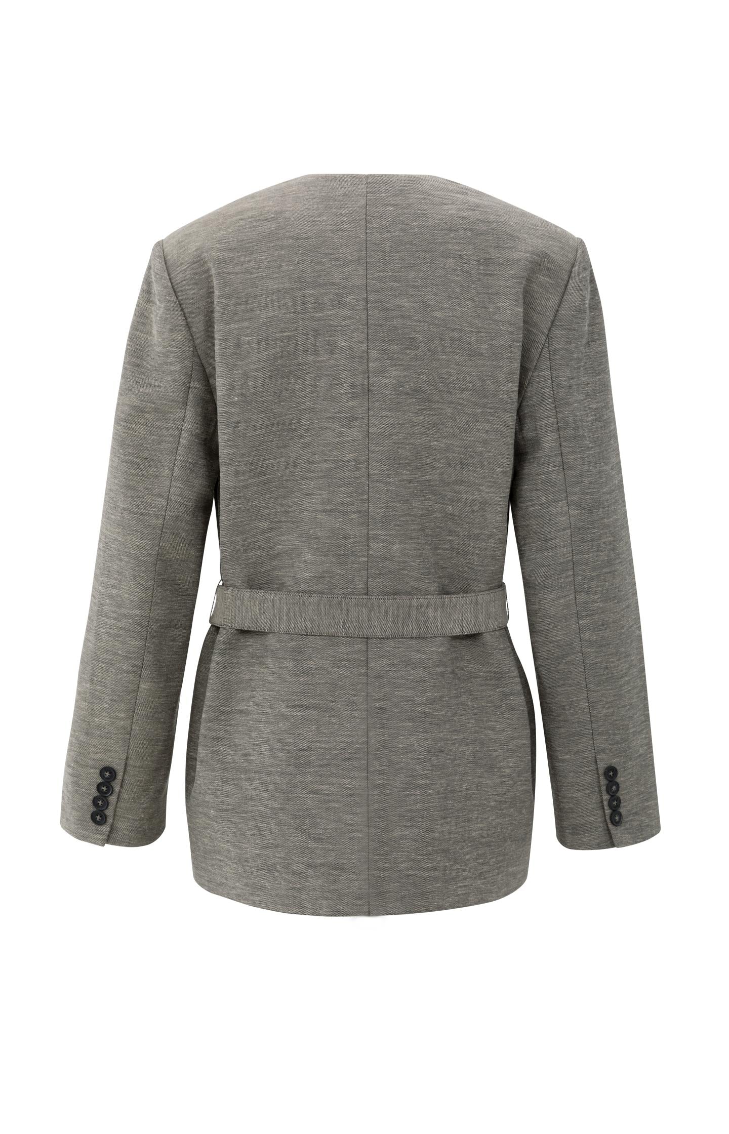 Woven collarless blazer with belt
