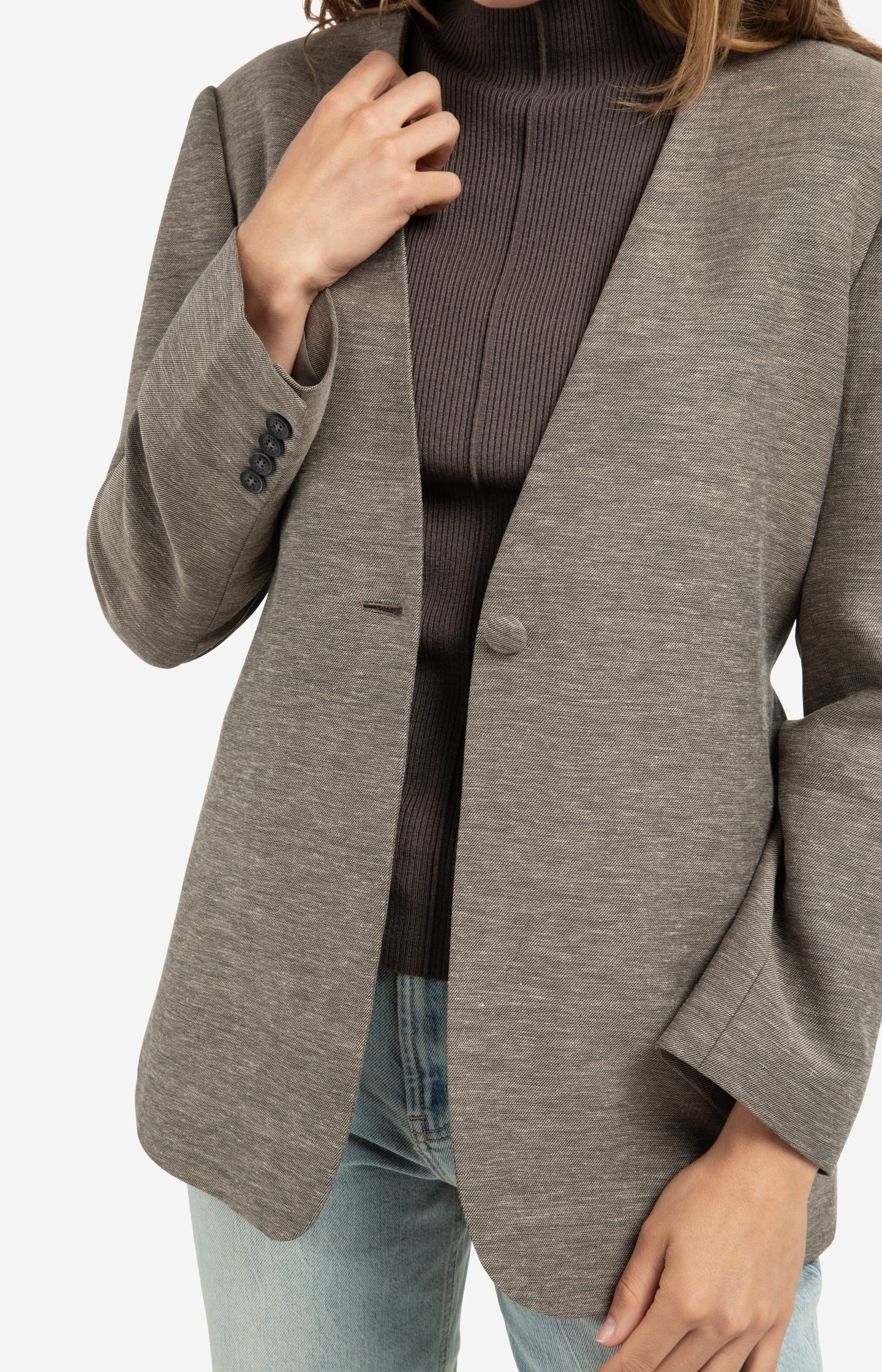 Woven collarless blazer with belt