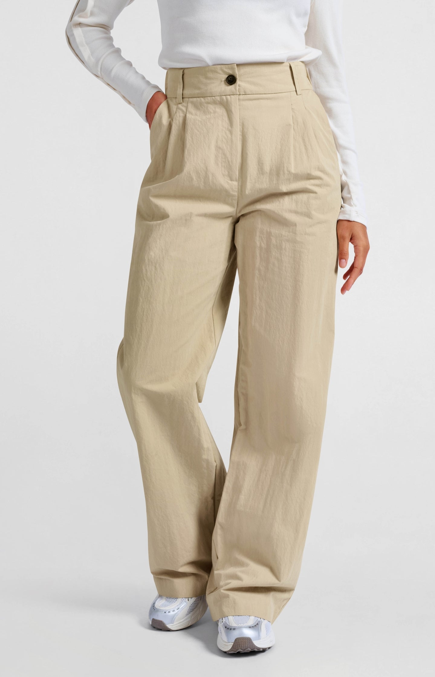 Woven cotton high-waist trousers with oversized fit