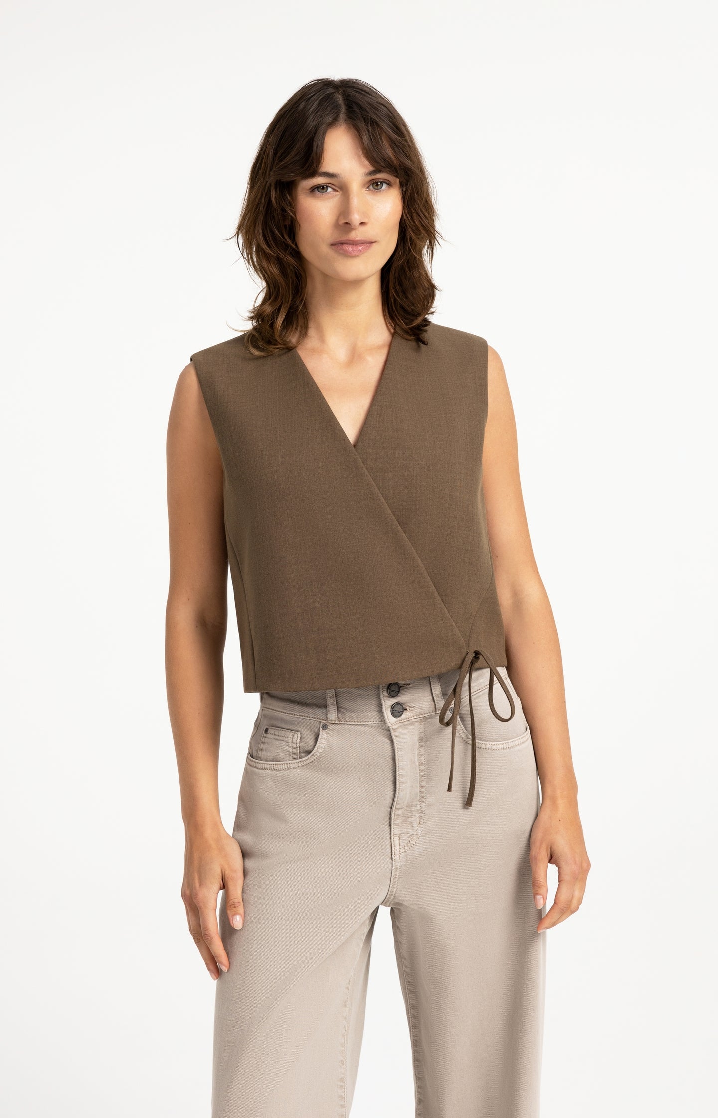 Woven gilet with wrap-over detail and side tie closure