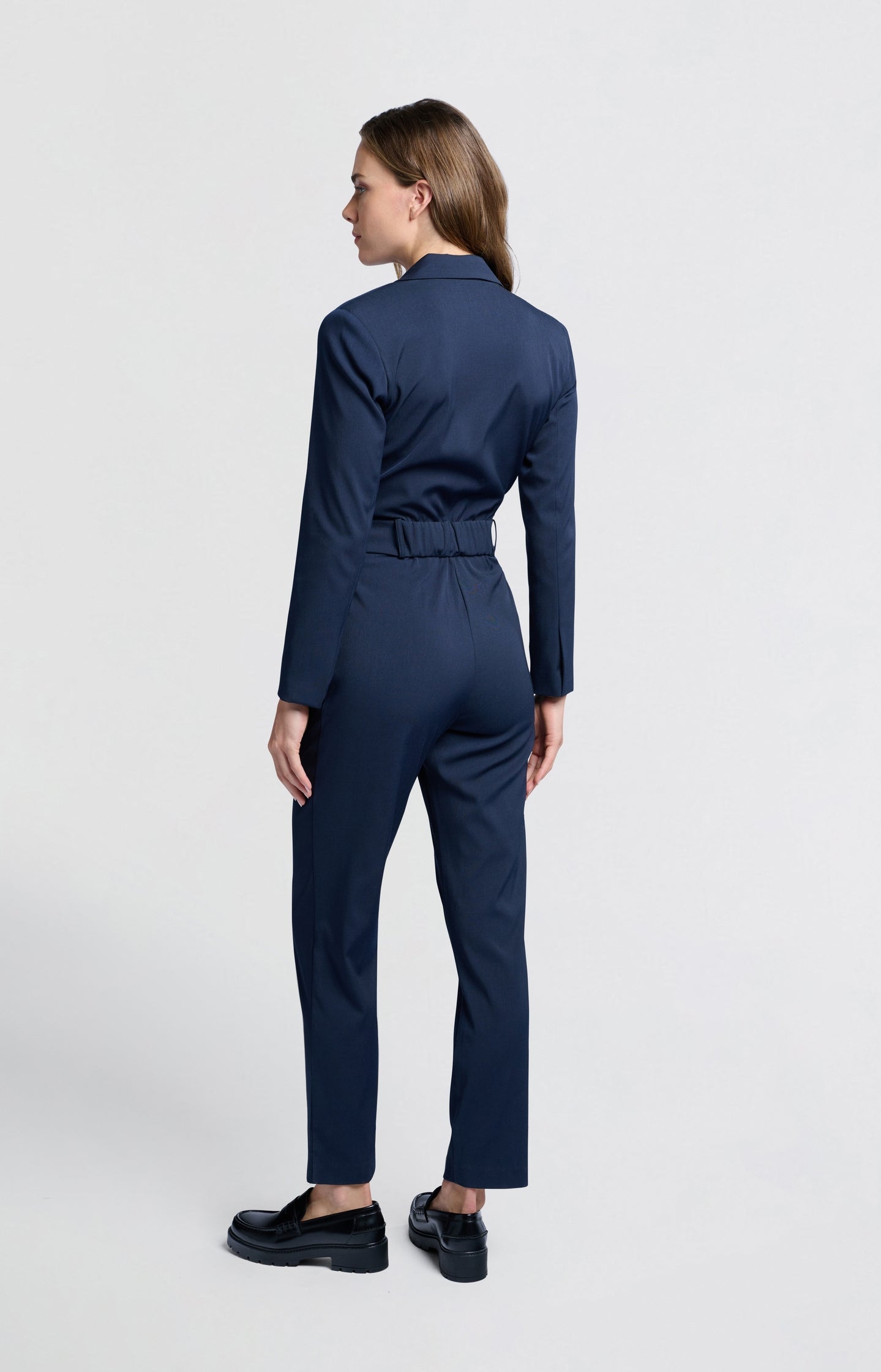 Woven jumpsuit with long sleeves, collar and belt