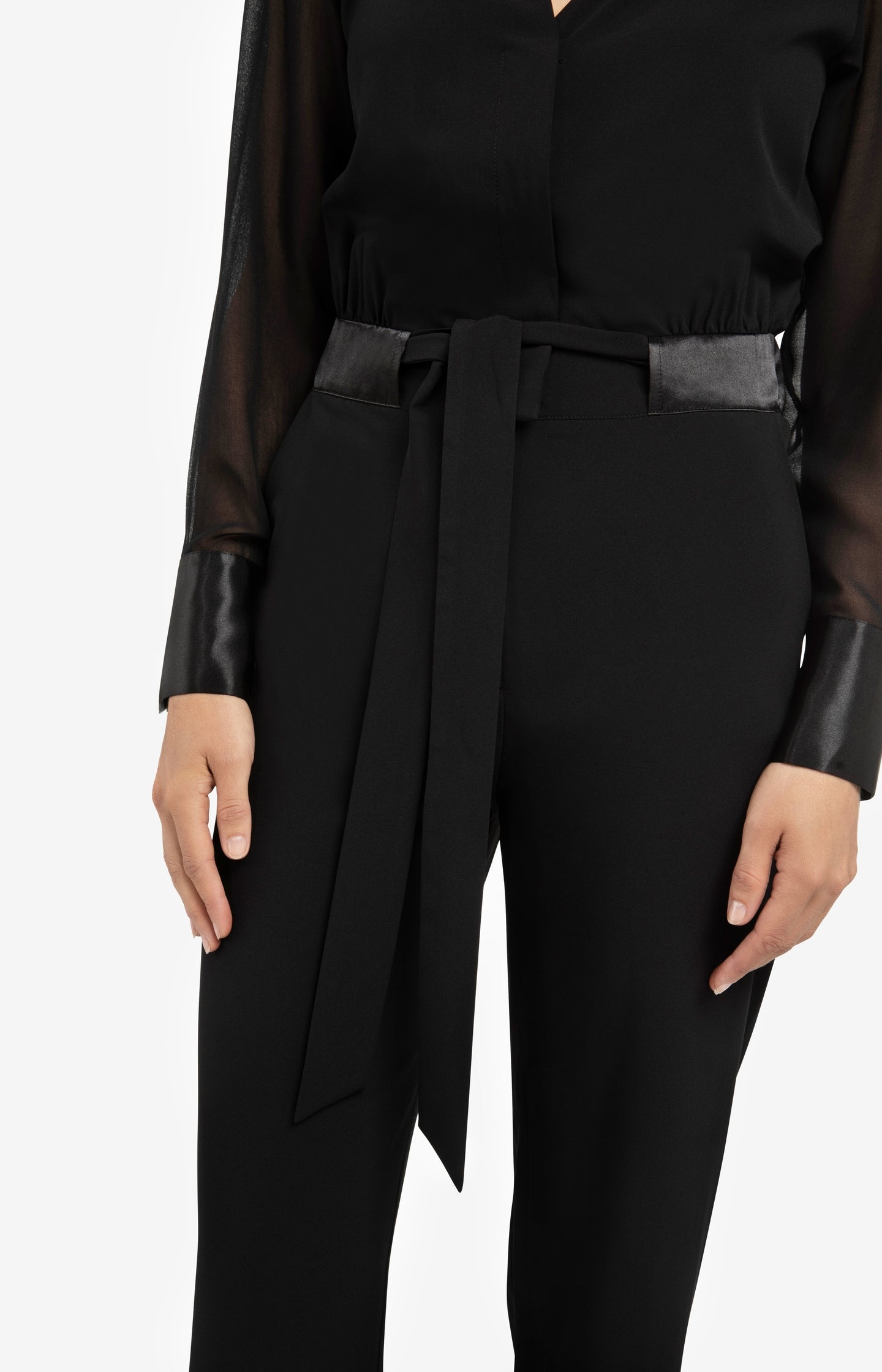 Woven jumpsuit with tie belt and long, sheer sleeves