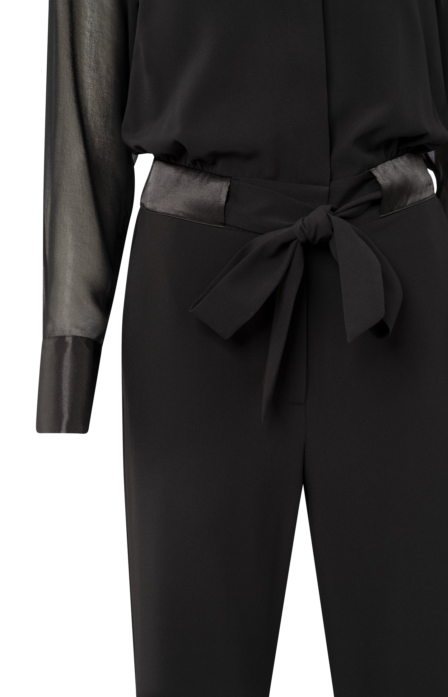 Woven jumpsuit with tie belt and long, sheer sleeves