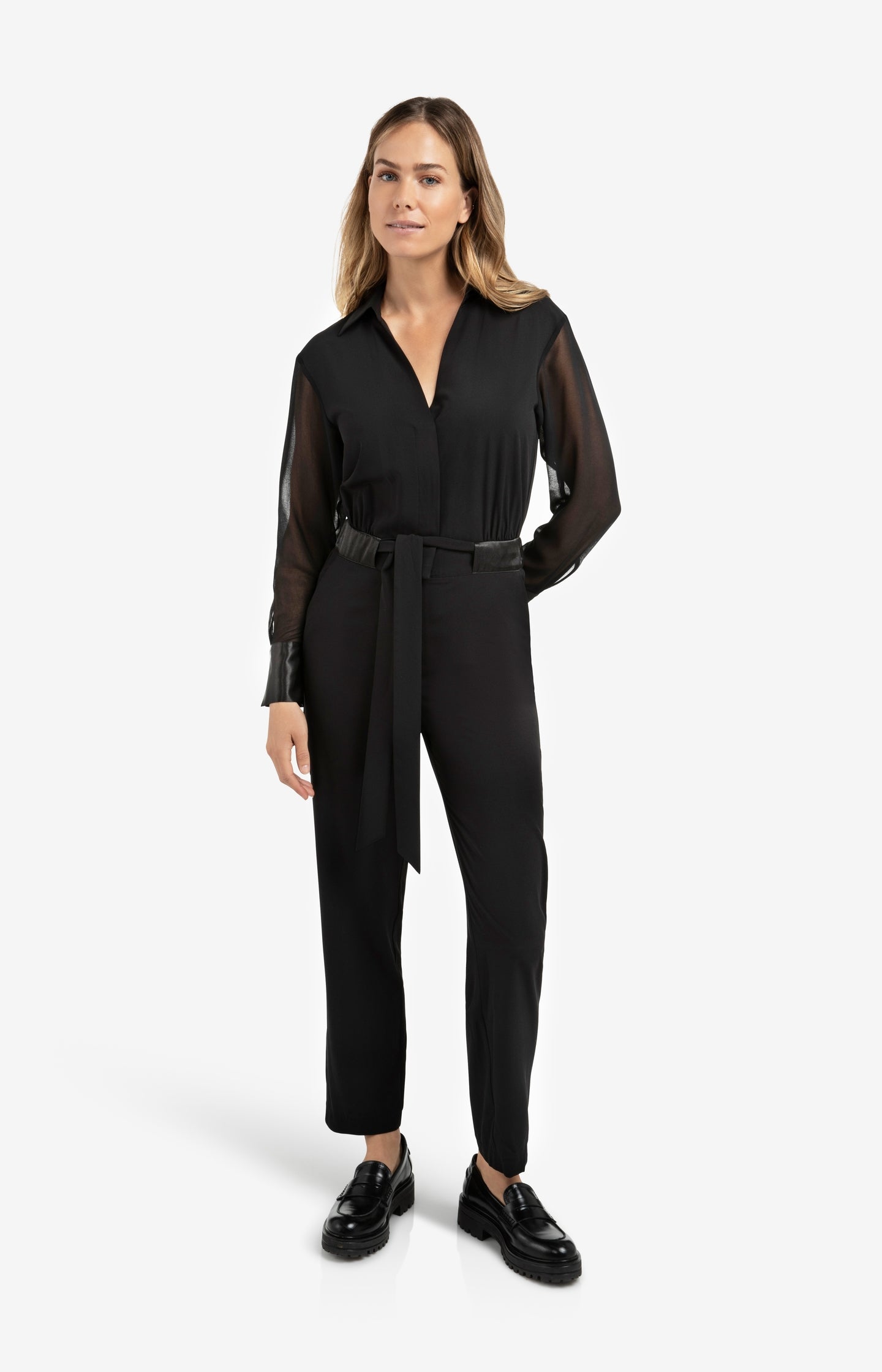 Woven jumpsuit with tie belt and long, sheer sleeves