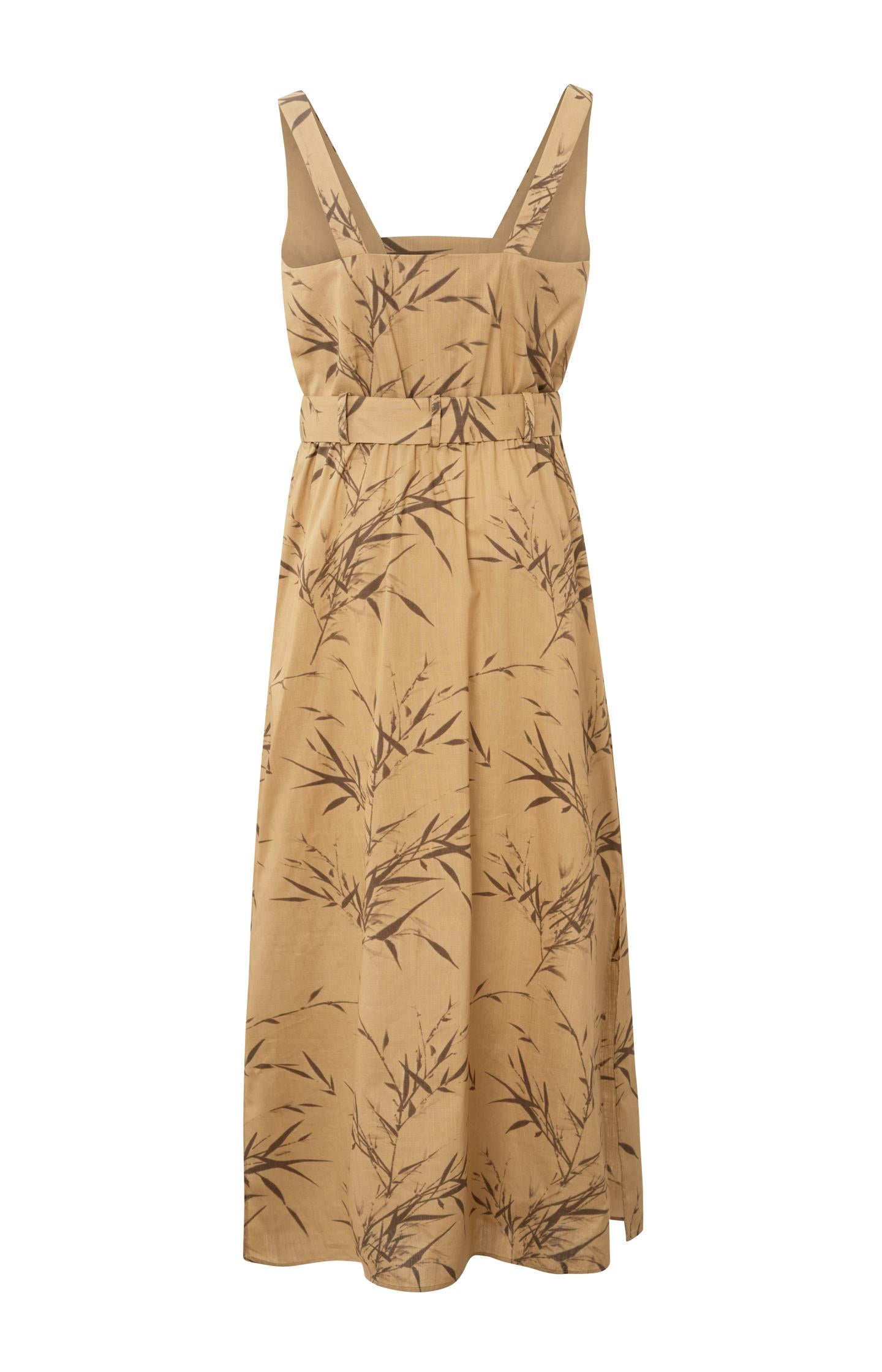 Woven maxi dress with square neck, slits and bamboo print