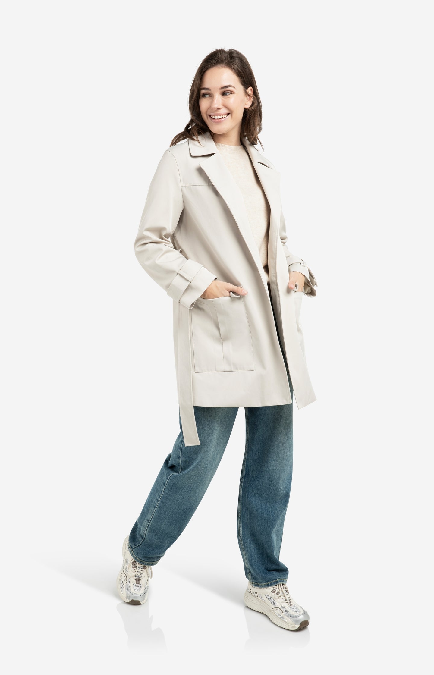 Woven mid-length trenchcoat with belt