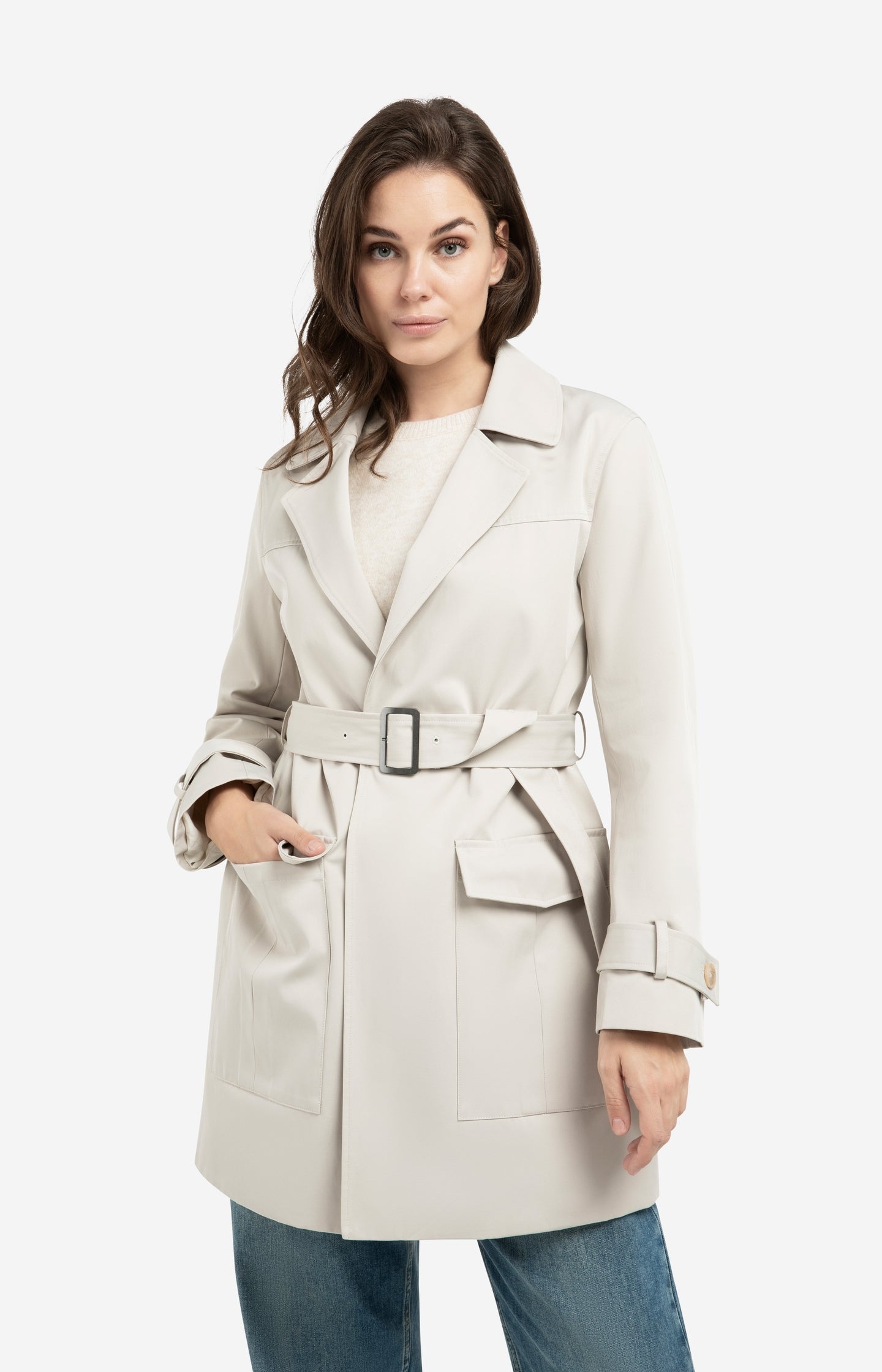 Woven mid-length trenchcoat with belt