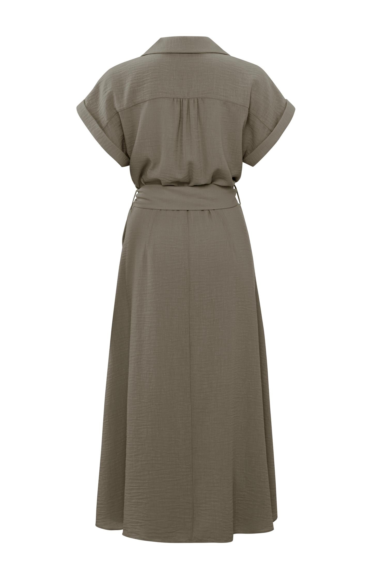 Woven midi dress with short sleeves and tie belt