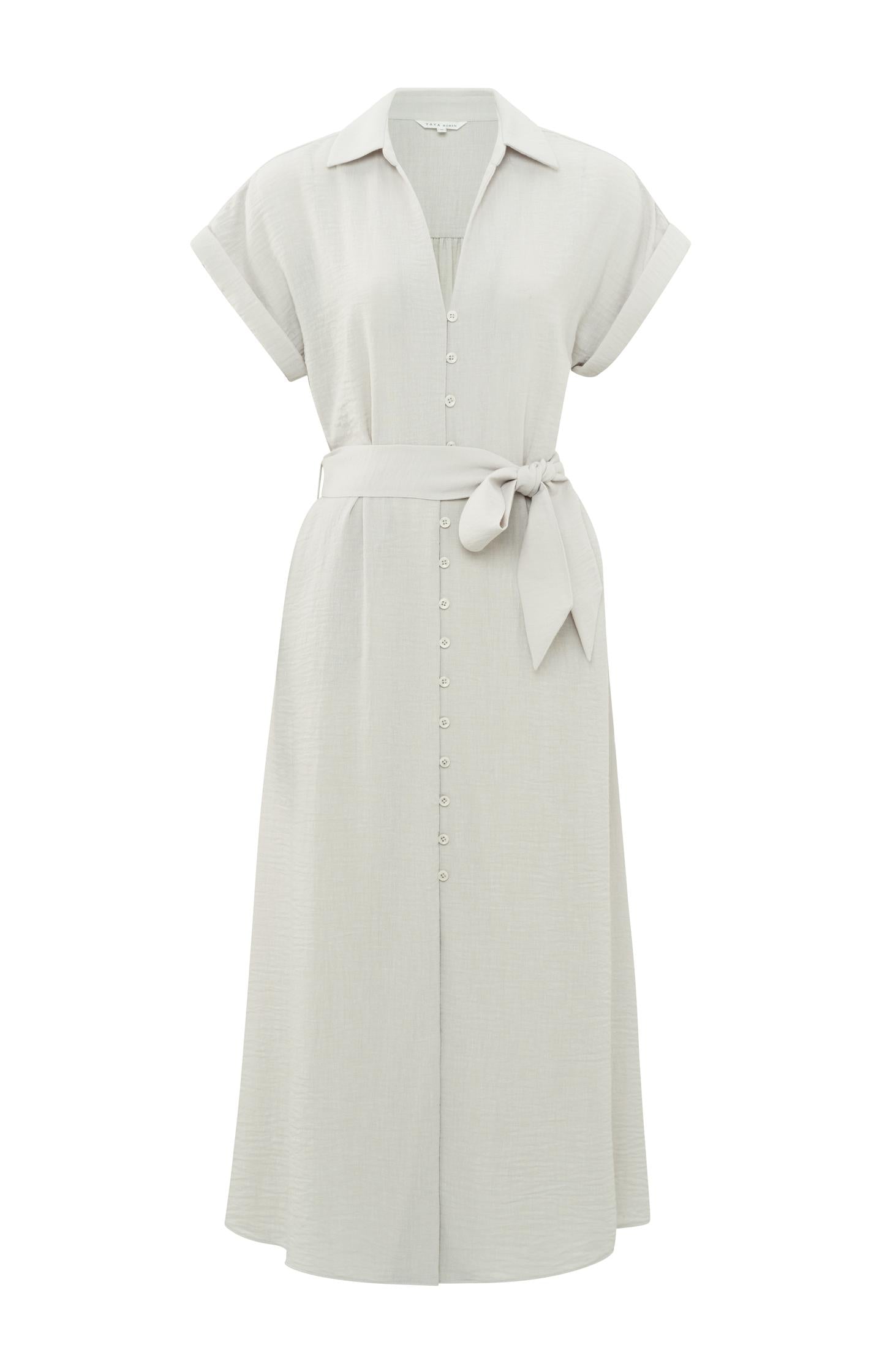 Woven midi dress with short sleeves and tie belt - Type: product