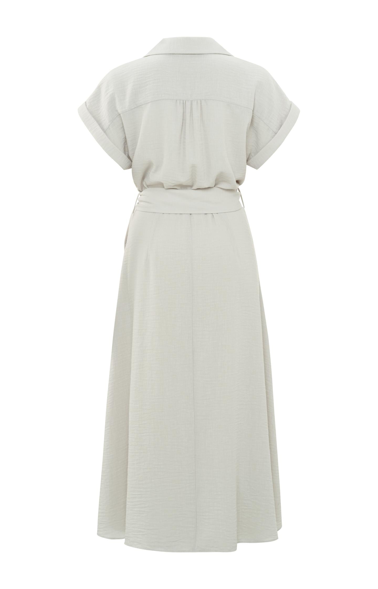 Woven midi dress with short sleeves and tie belt