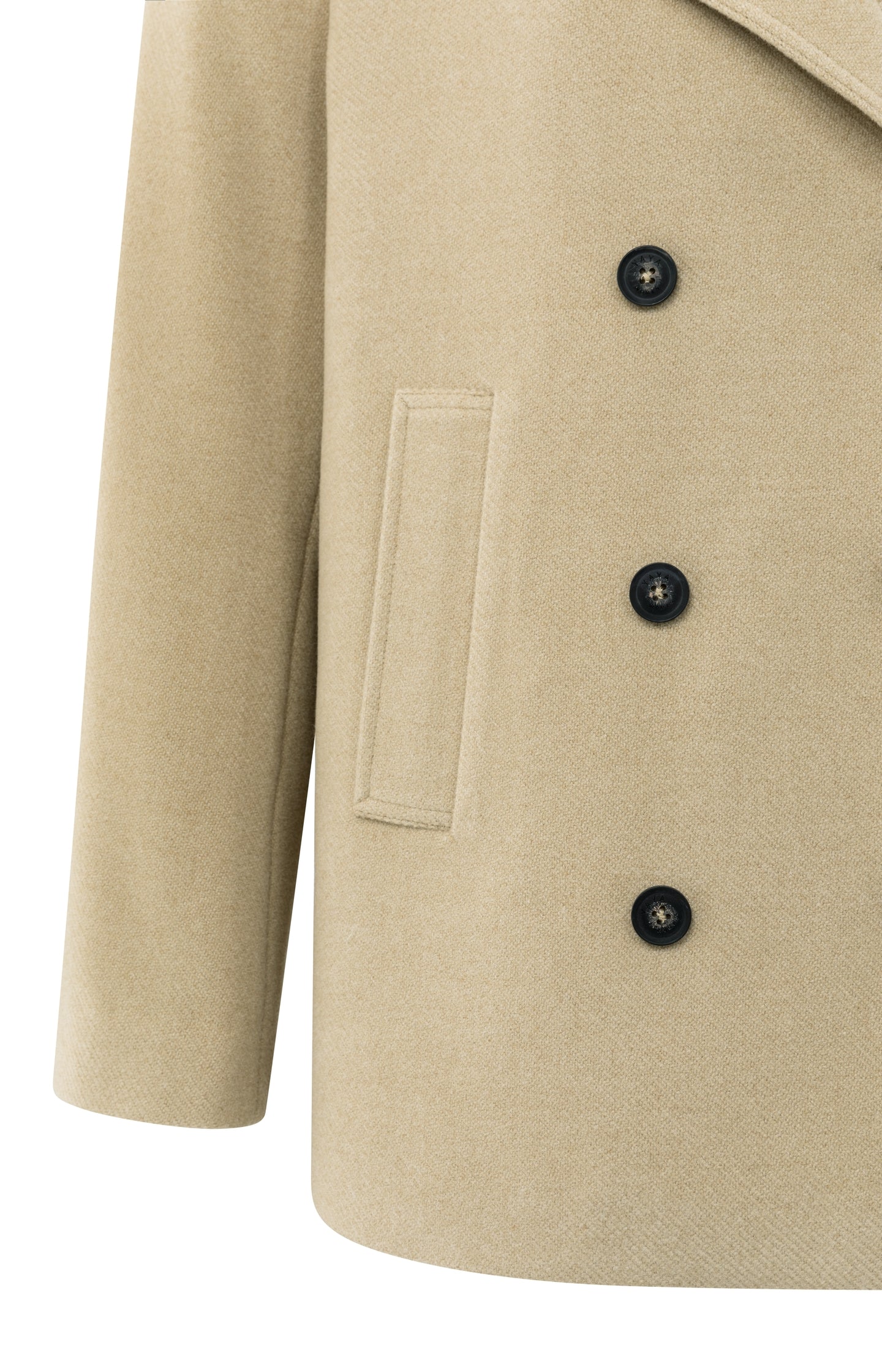 Woven short coat with double-breasted closure