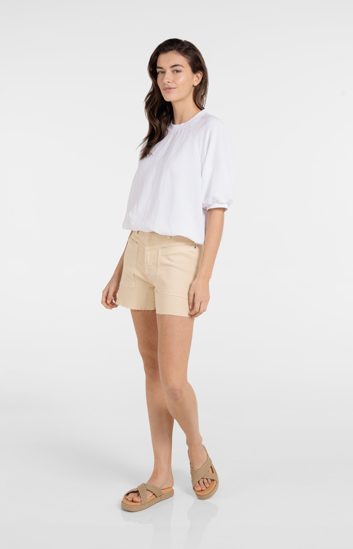 Woven T-shirt with balloon sleeves and zip