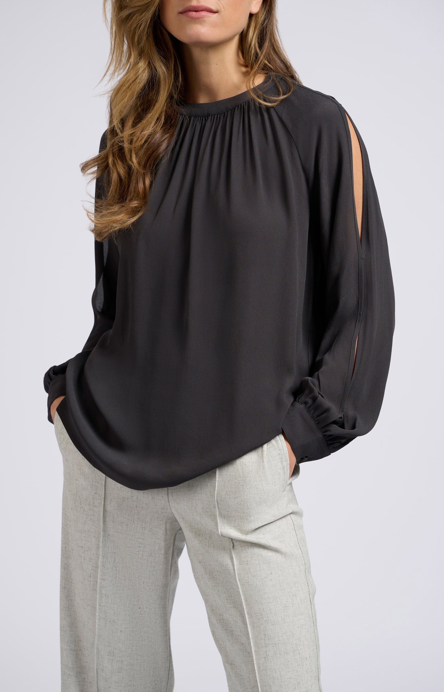 Woven top with long balloon sleeves