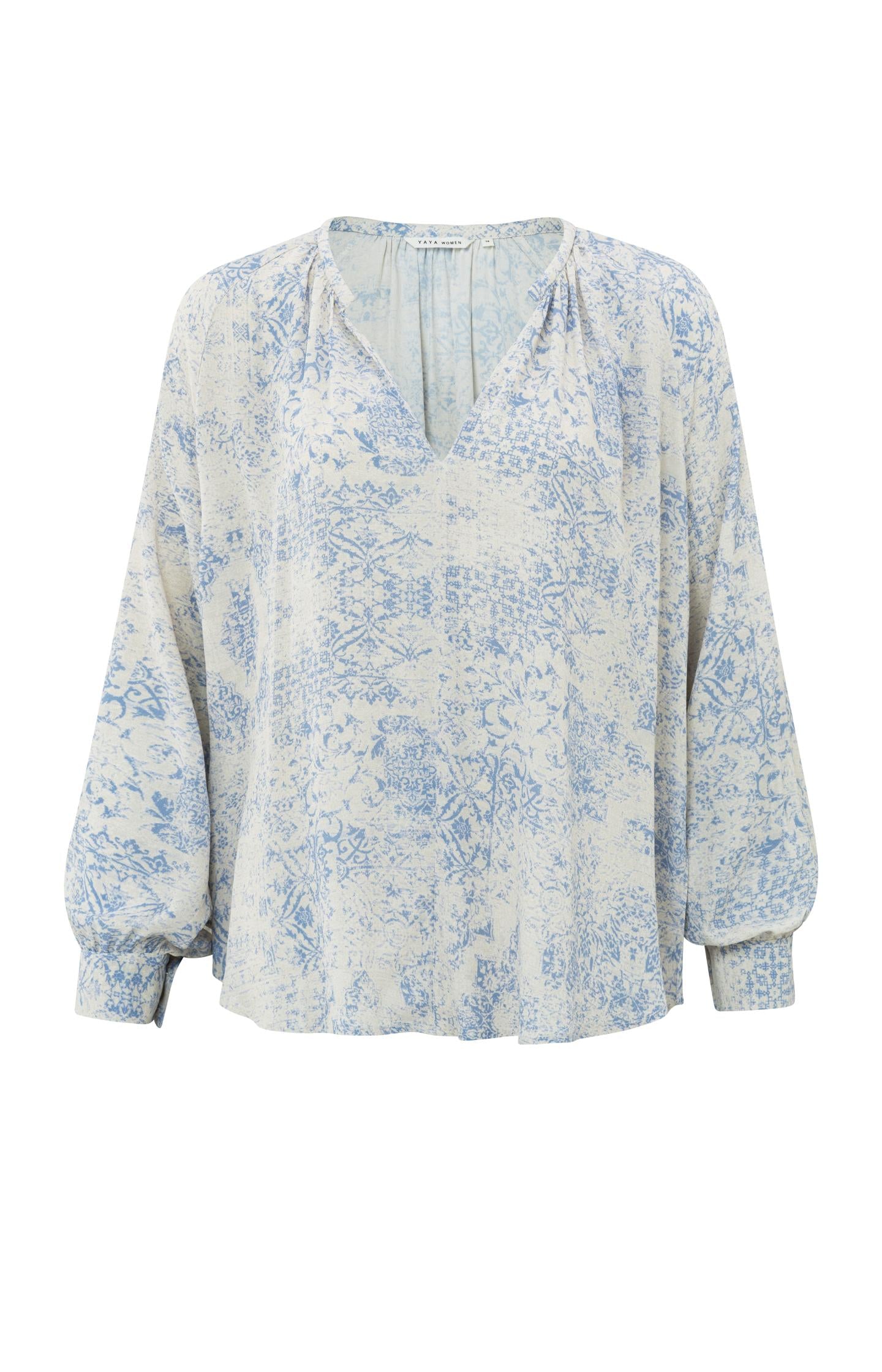 Woven top with V-neck, long balloon sleeves and print - Type: product