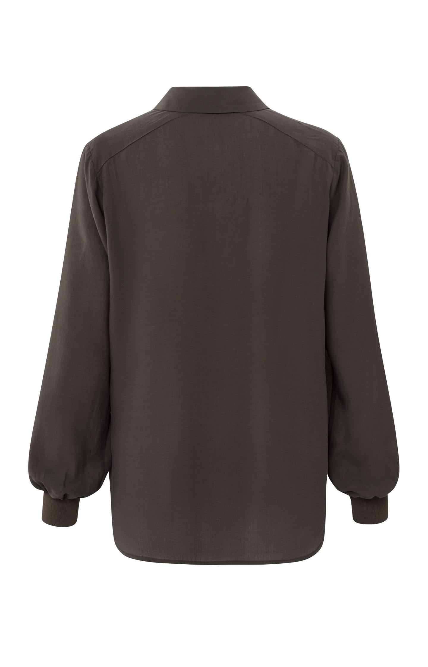 Woven top with V-neck, long puff sleeves and zip