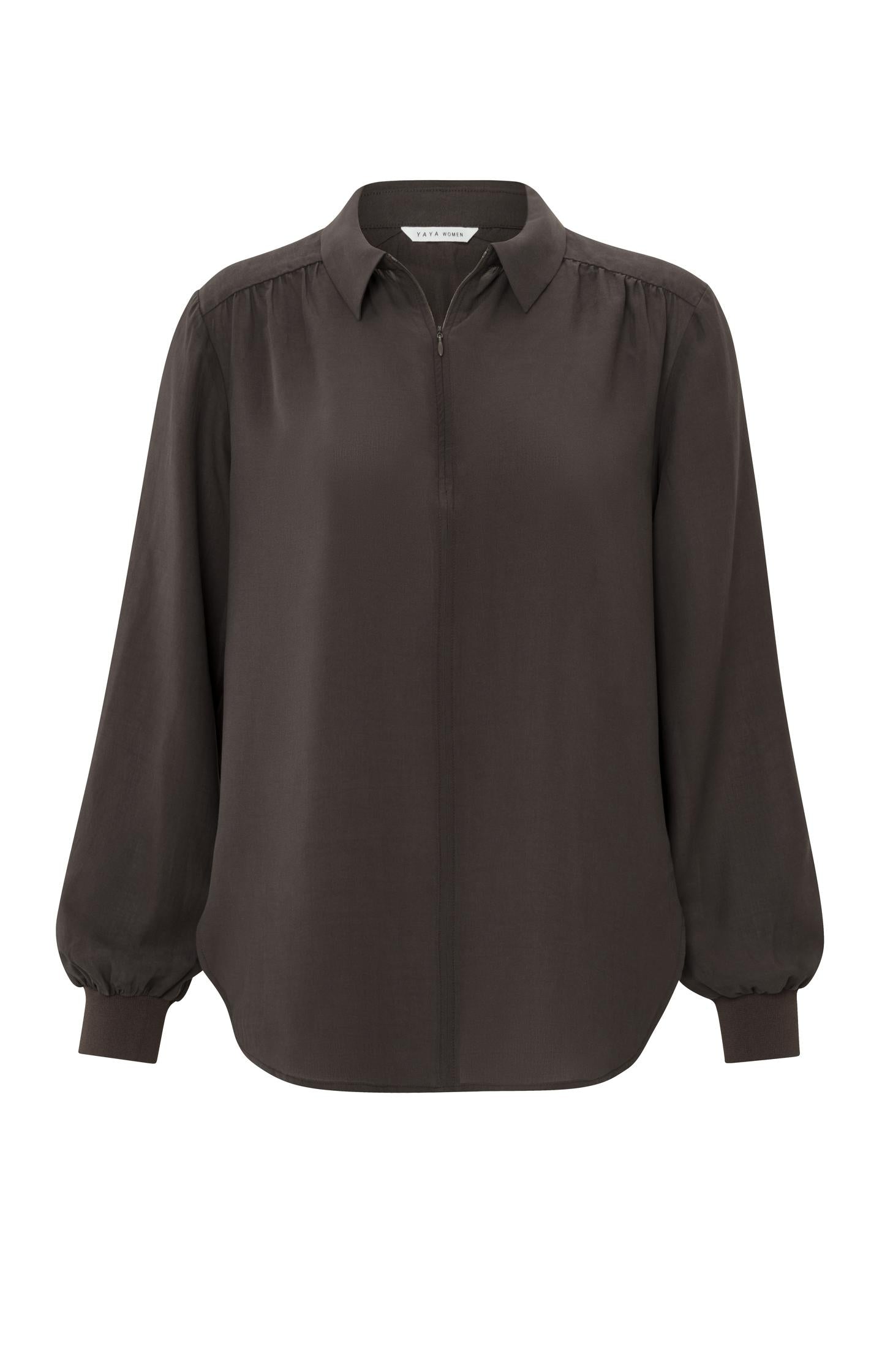 Woven top with V-neck, long puff sleeves and zip - Type: product