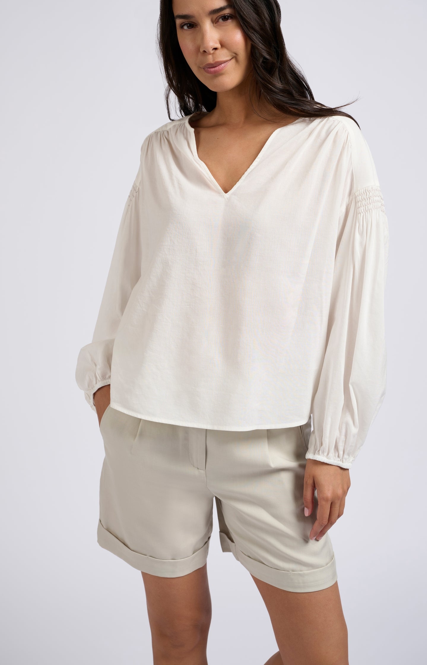 Woven top with V-neck, long sleeves and shoulder details - Blanc De Blanc White - Type: lookbook