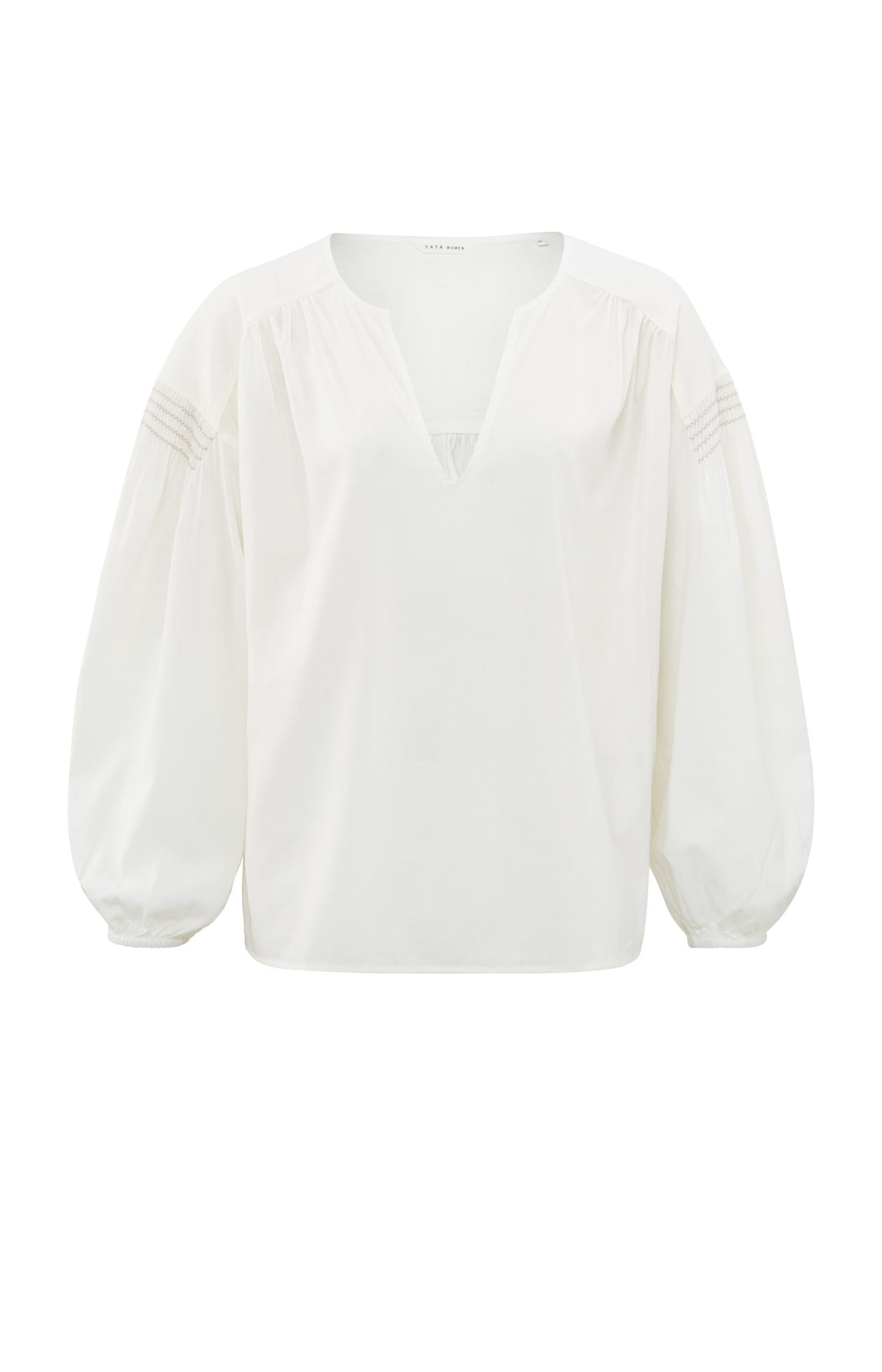 Woven top with V-neck, long sleeves and shoulder details - Blanc De Blanc White - Type: product