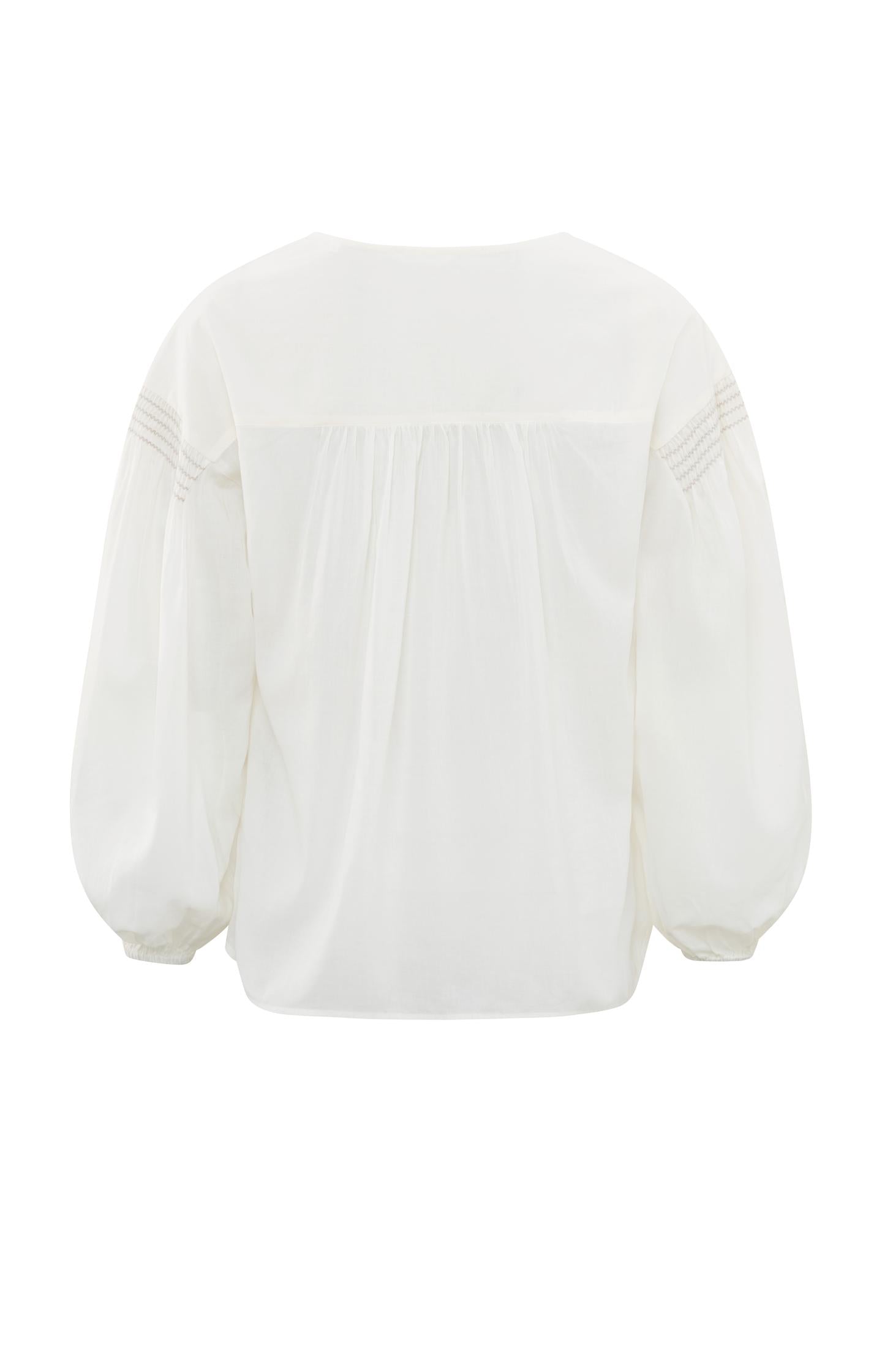 Woven top with V-neck, long sleeves and shoulder details - Blanc De Blanc White