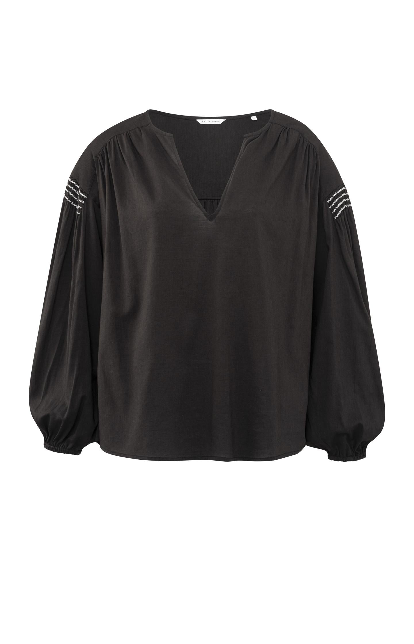 Woven top with V-neck, long sleeves and shoulder details - Licorice Black - Type: product