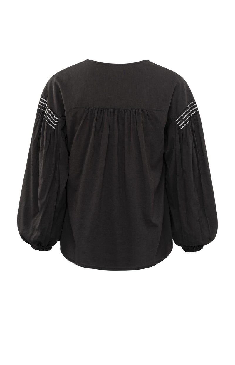 Woven top with V-neck, long sleeves and shoulder details - Licorice Black