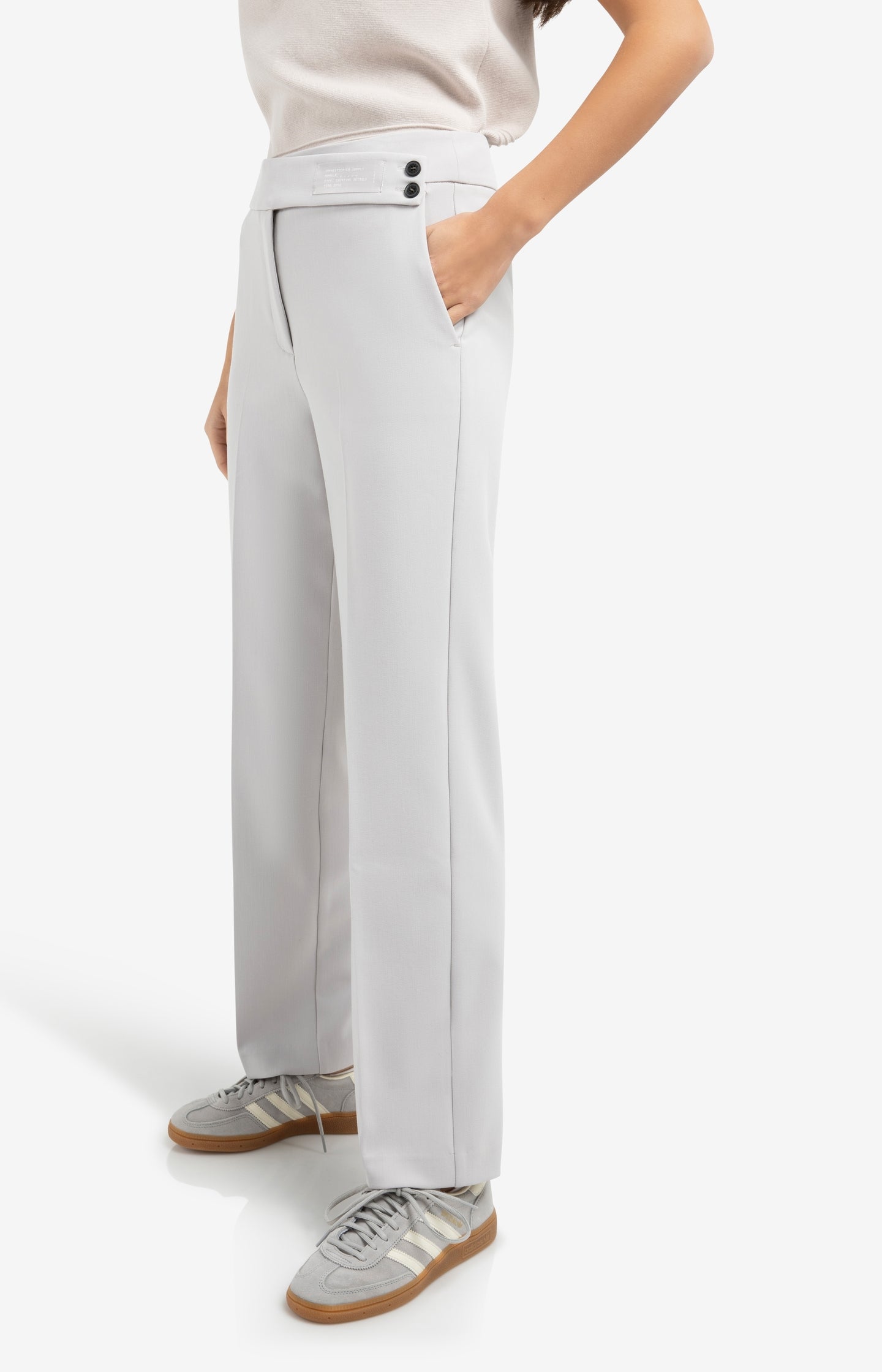 Woven trousers with asymmetrical waistband and straight fit