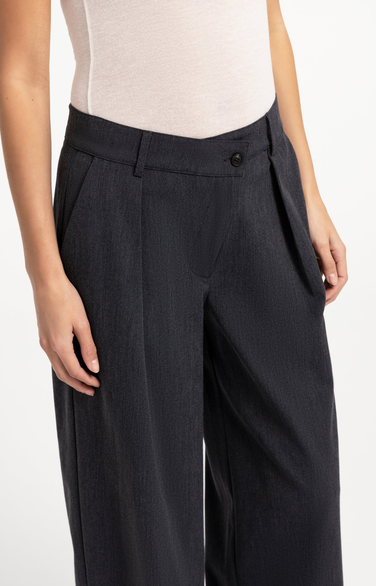 Woven trousers with wide legs and asymmetrical closure
