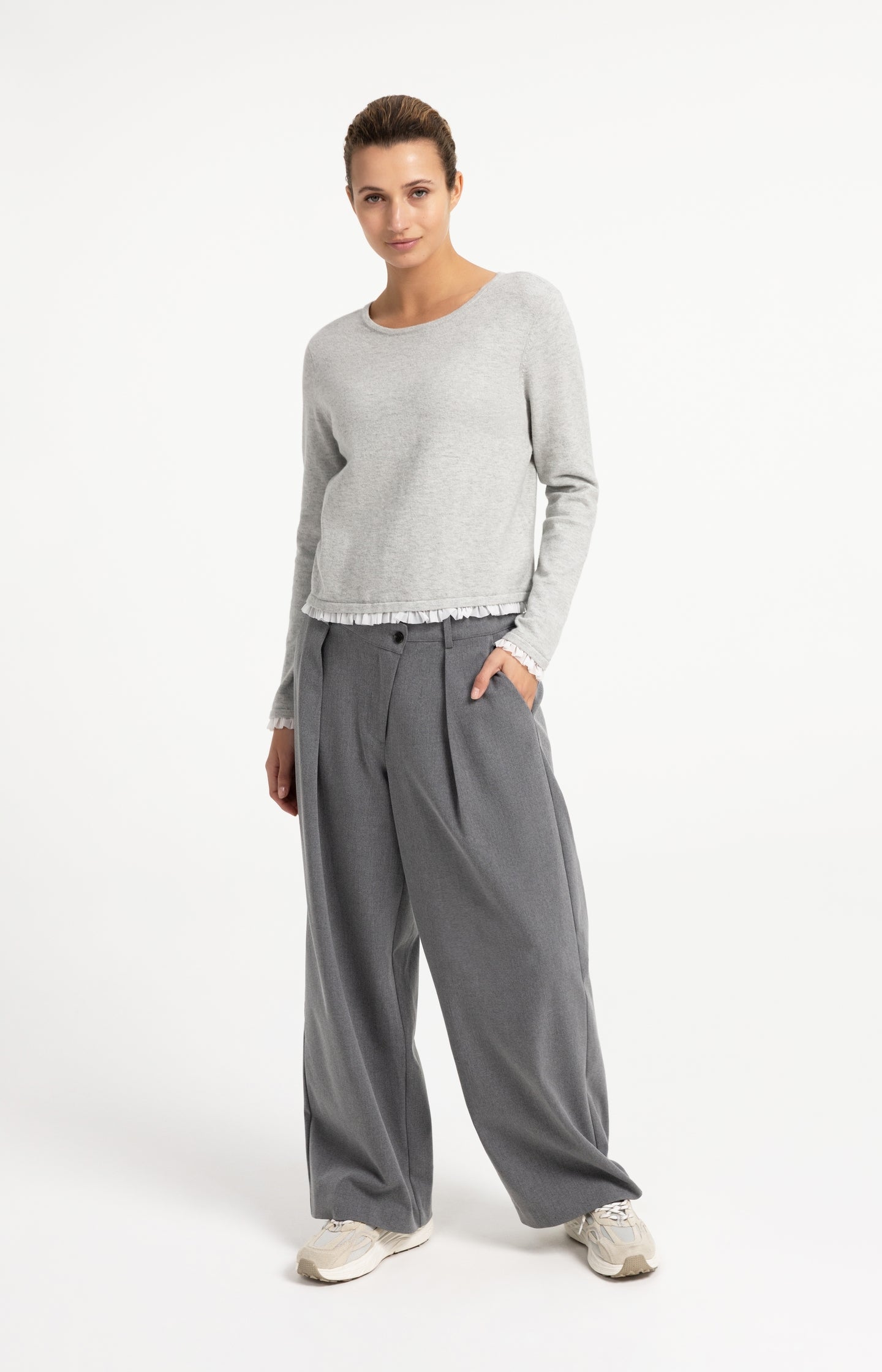 Woven trousers with wide legs and asymmetrical closure