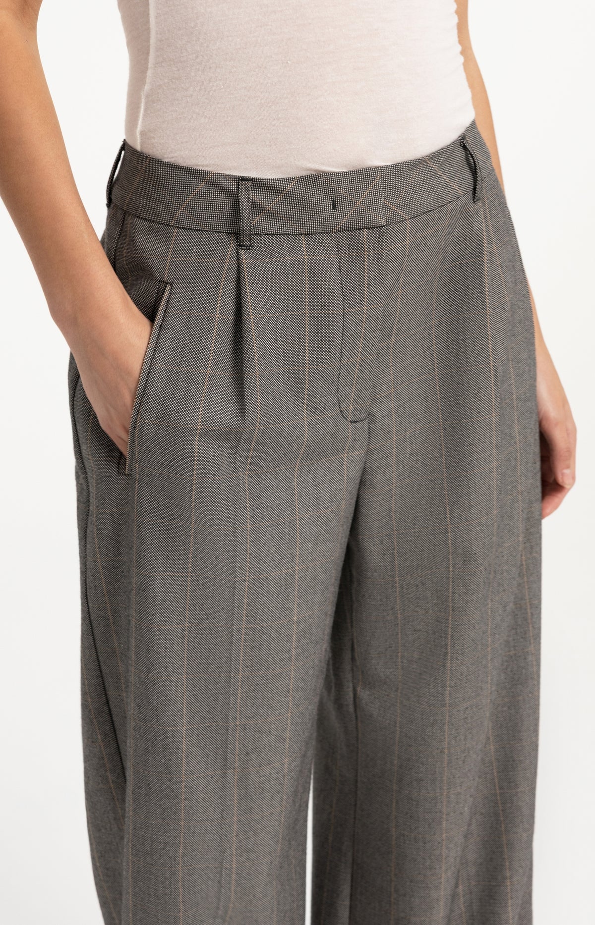 Woven wide leg check trousers with pleat details