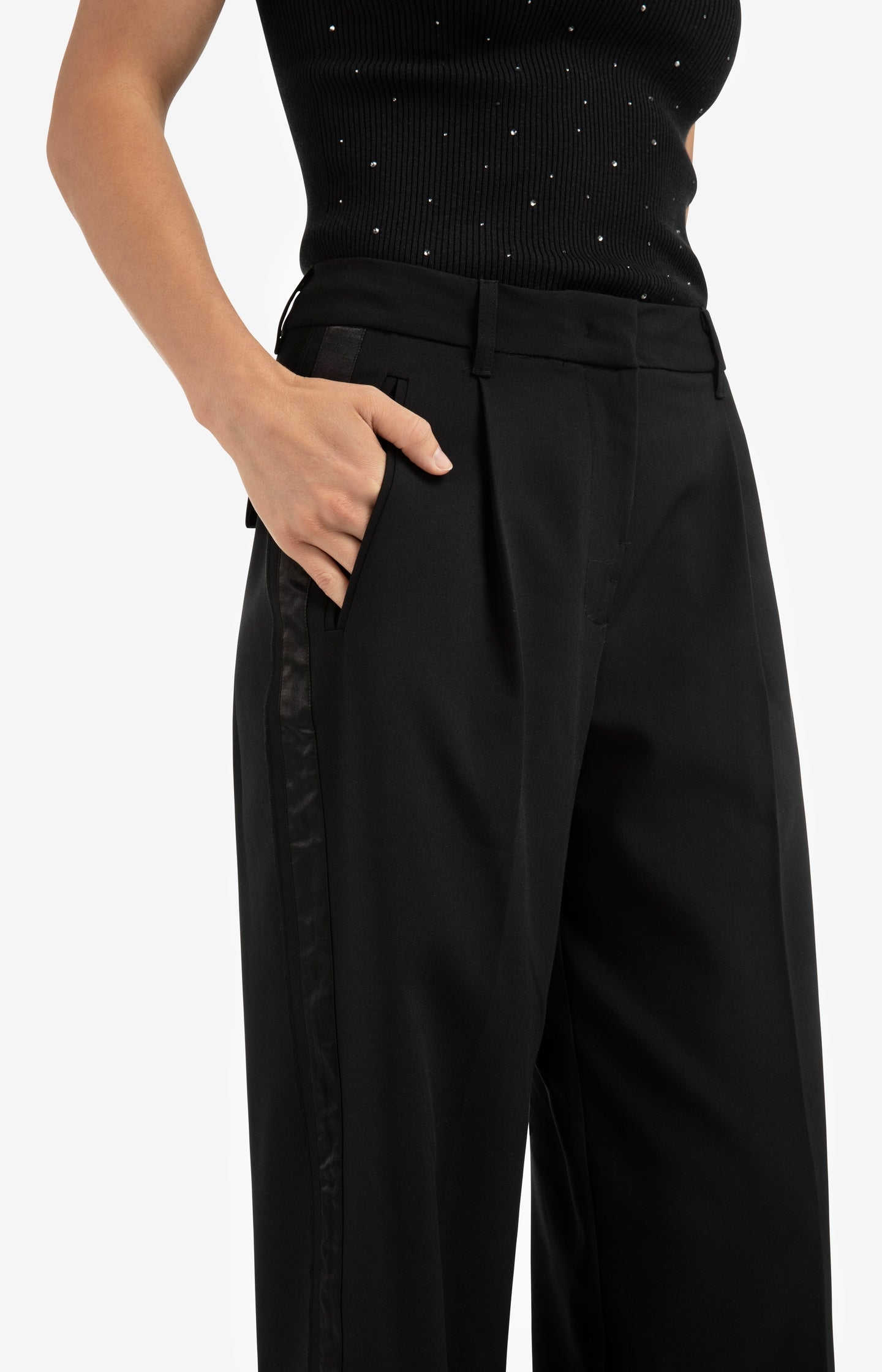 Woven wide leg trousers with satin side tape